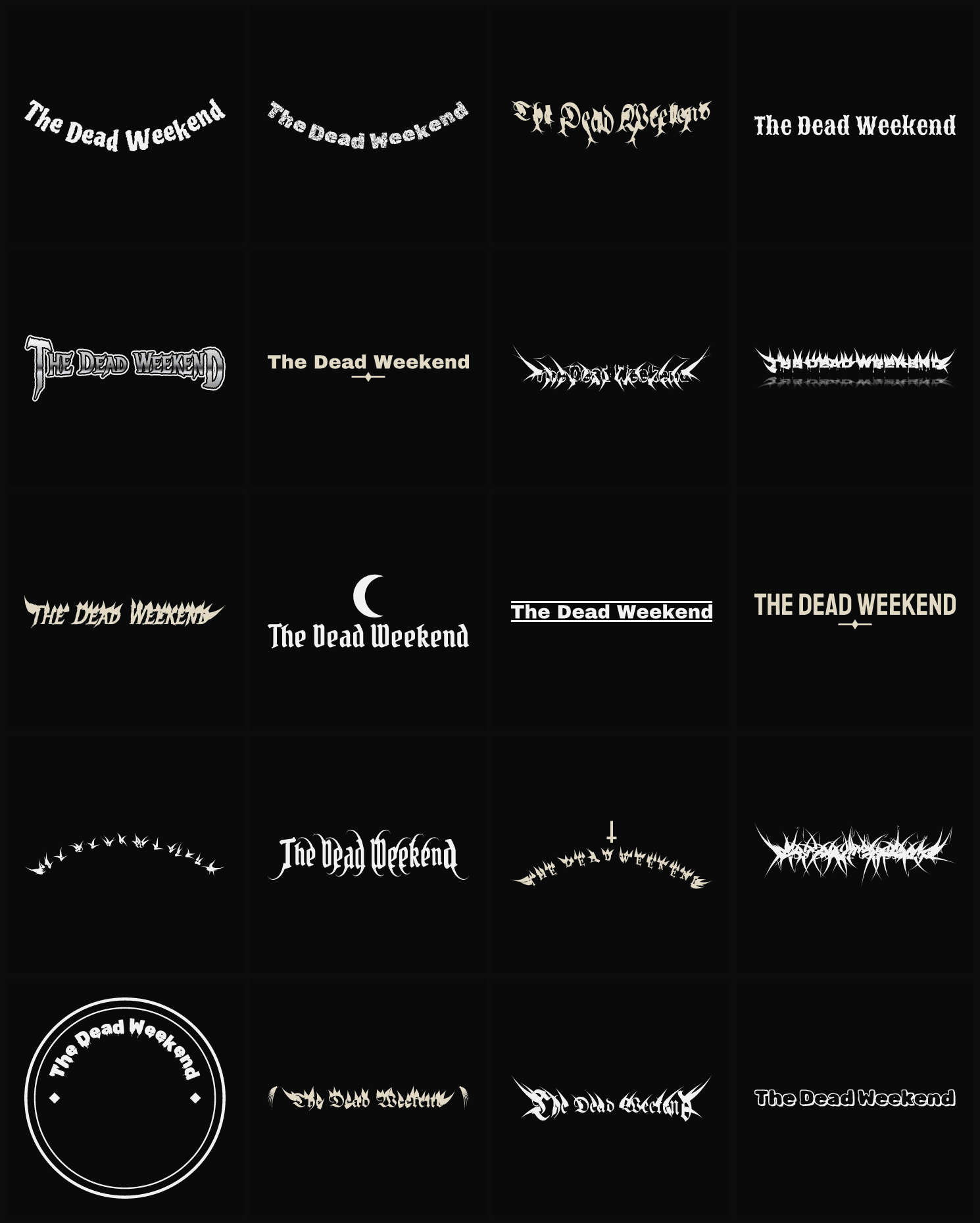Twenty The Dead Weekend band logo ideas — different faces, treatments and spike settings