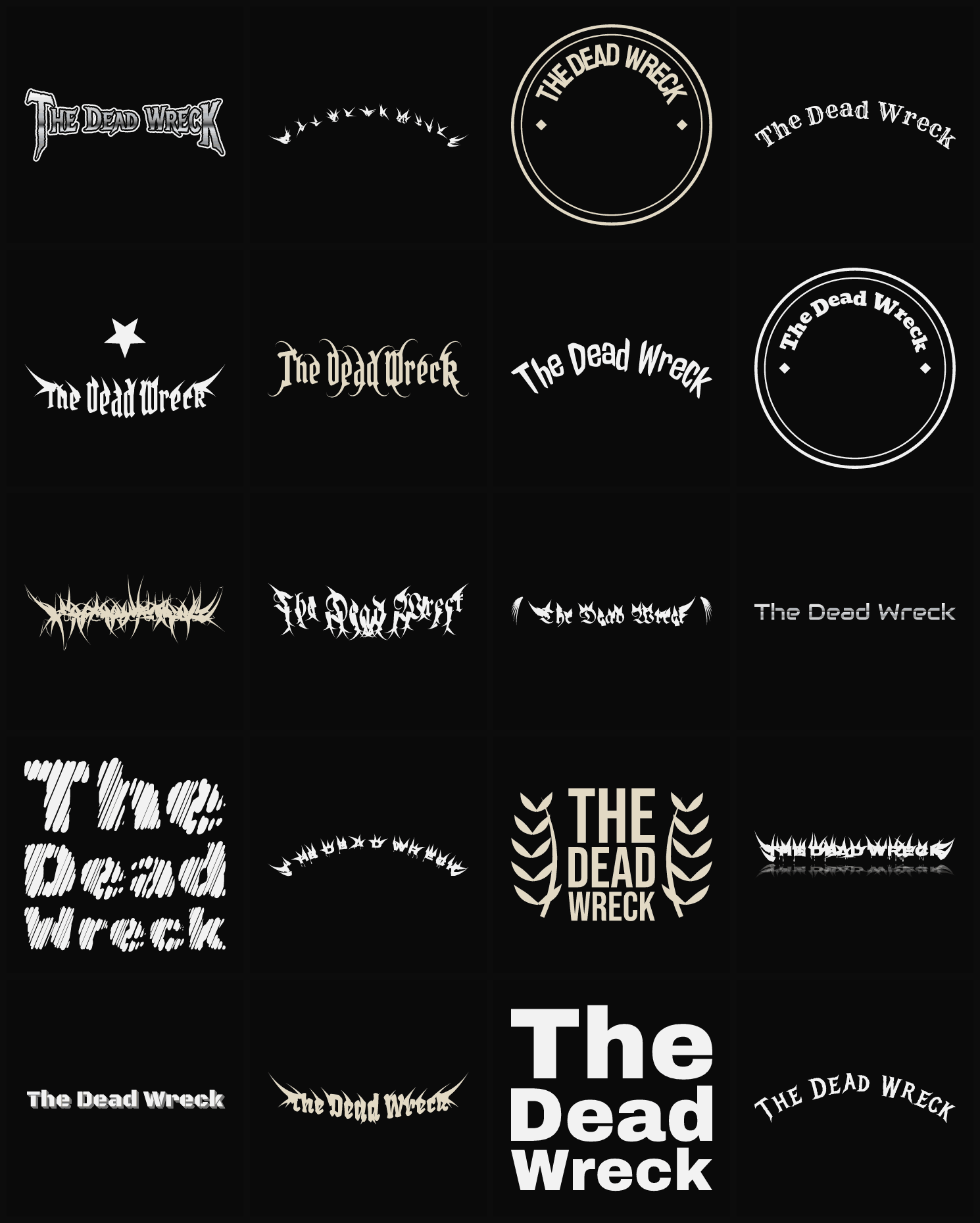 Twenty The Dead Wreck band logo ideas — different faces, treatments and spike settings