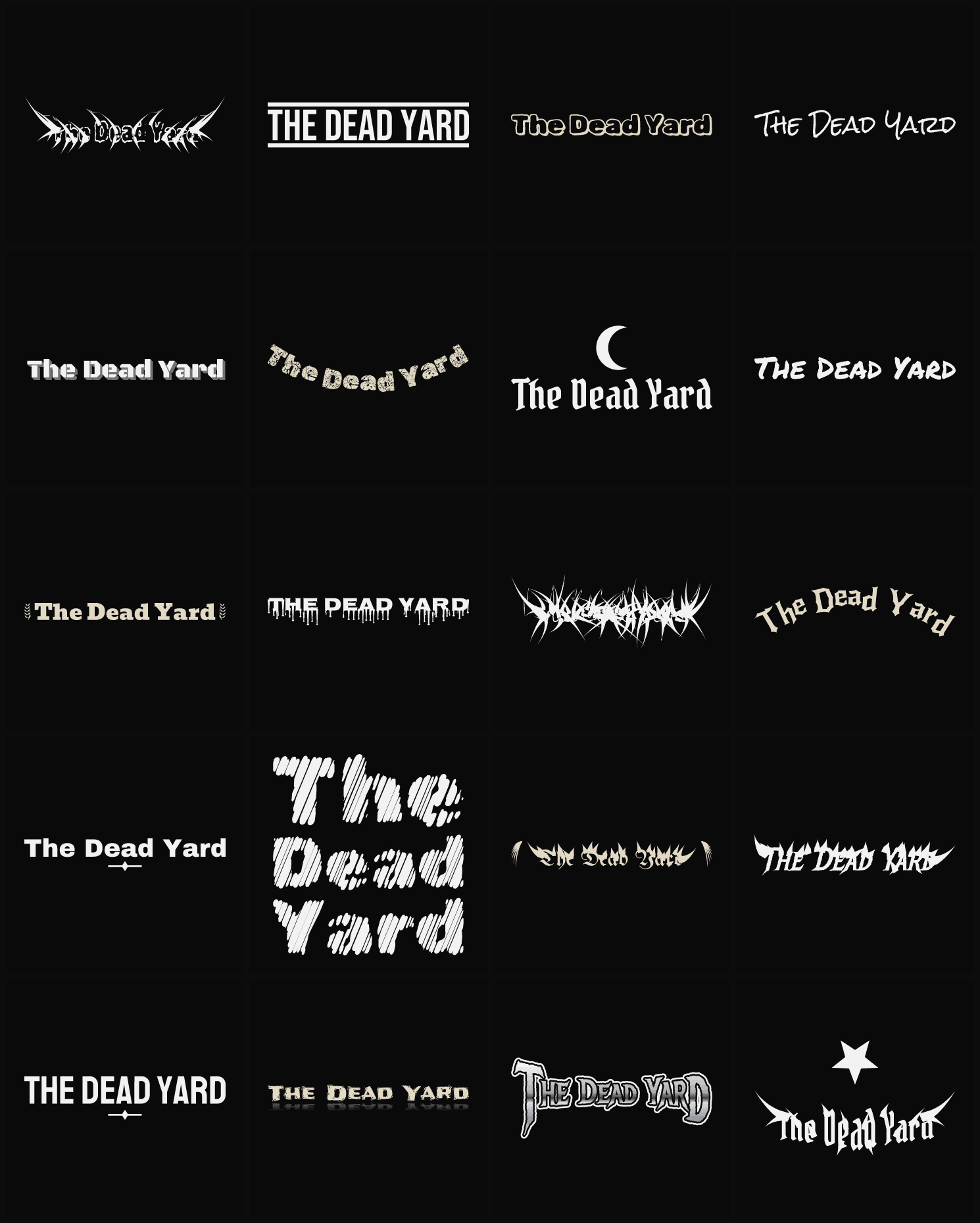 Twenty The Dead Yard band logo ideas — different faces, treatments and spike settings