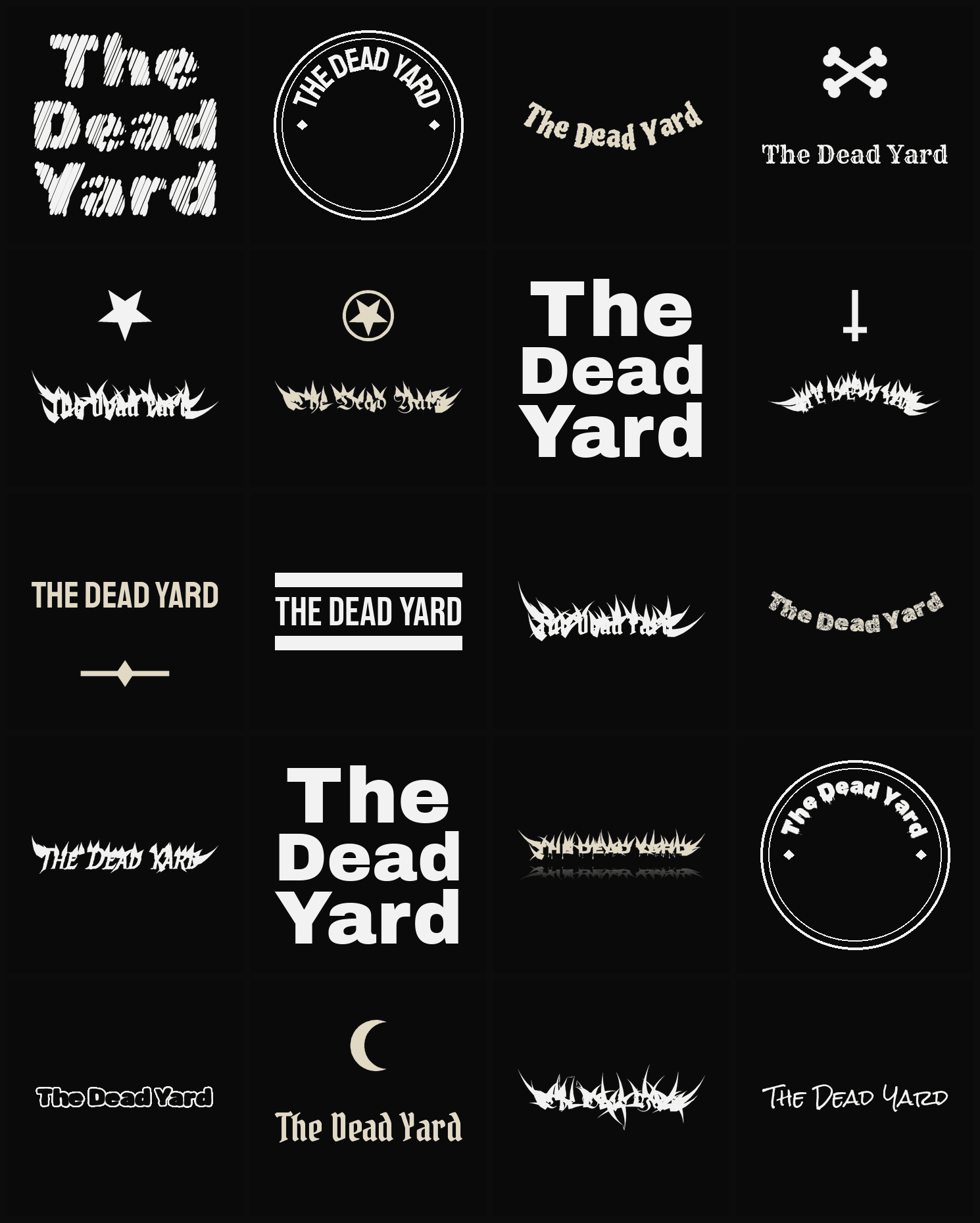 Twenty The Dead Yard band logo ideas — different faces, treatments and spike settings
