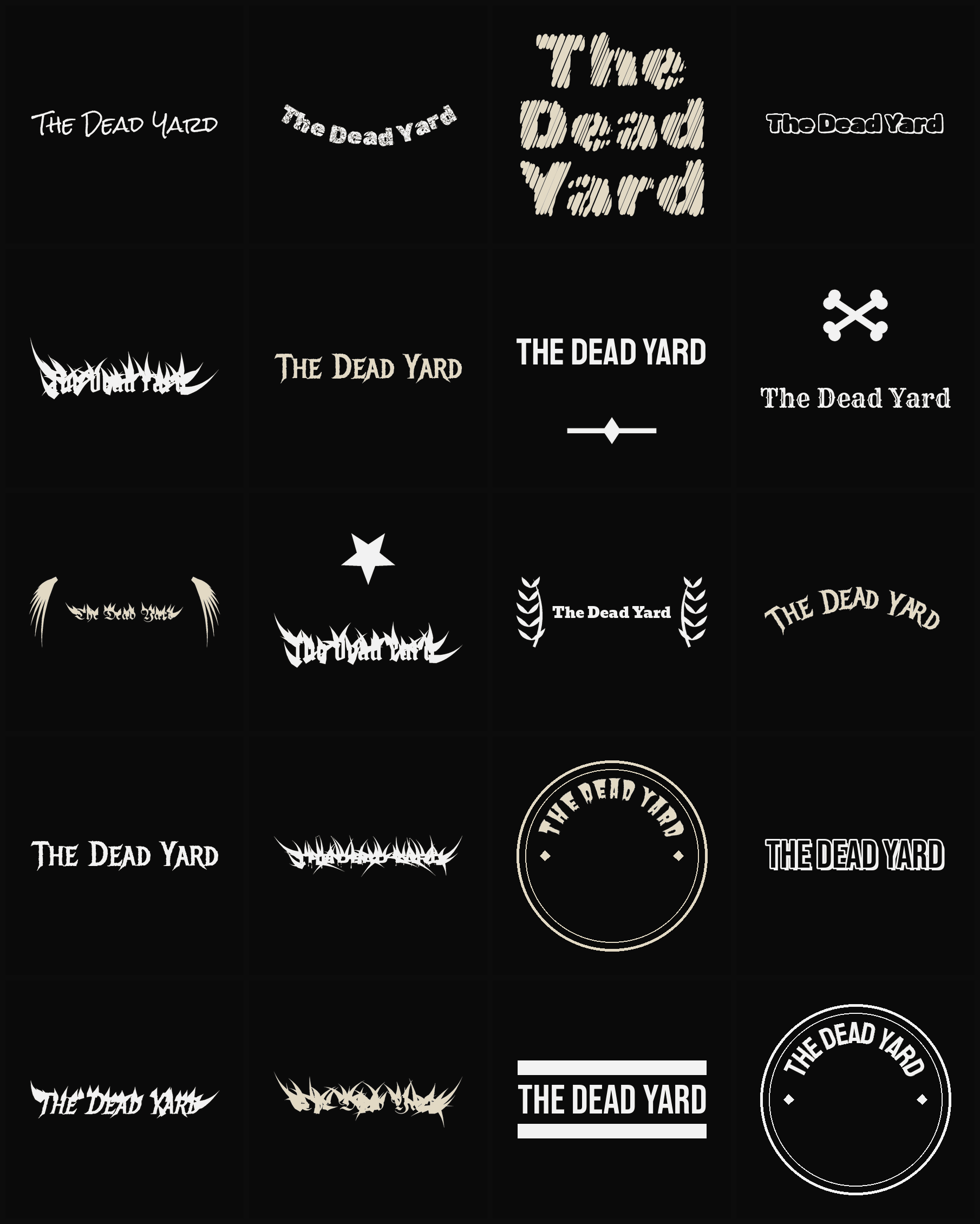 Twenty The Dead Yard band logo ideas — different faces, treatments and spike settings