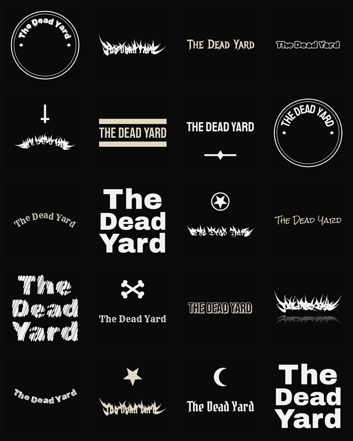 Twenty The Dead Yard band logo ideas — different faces, treatments and spike settings