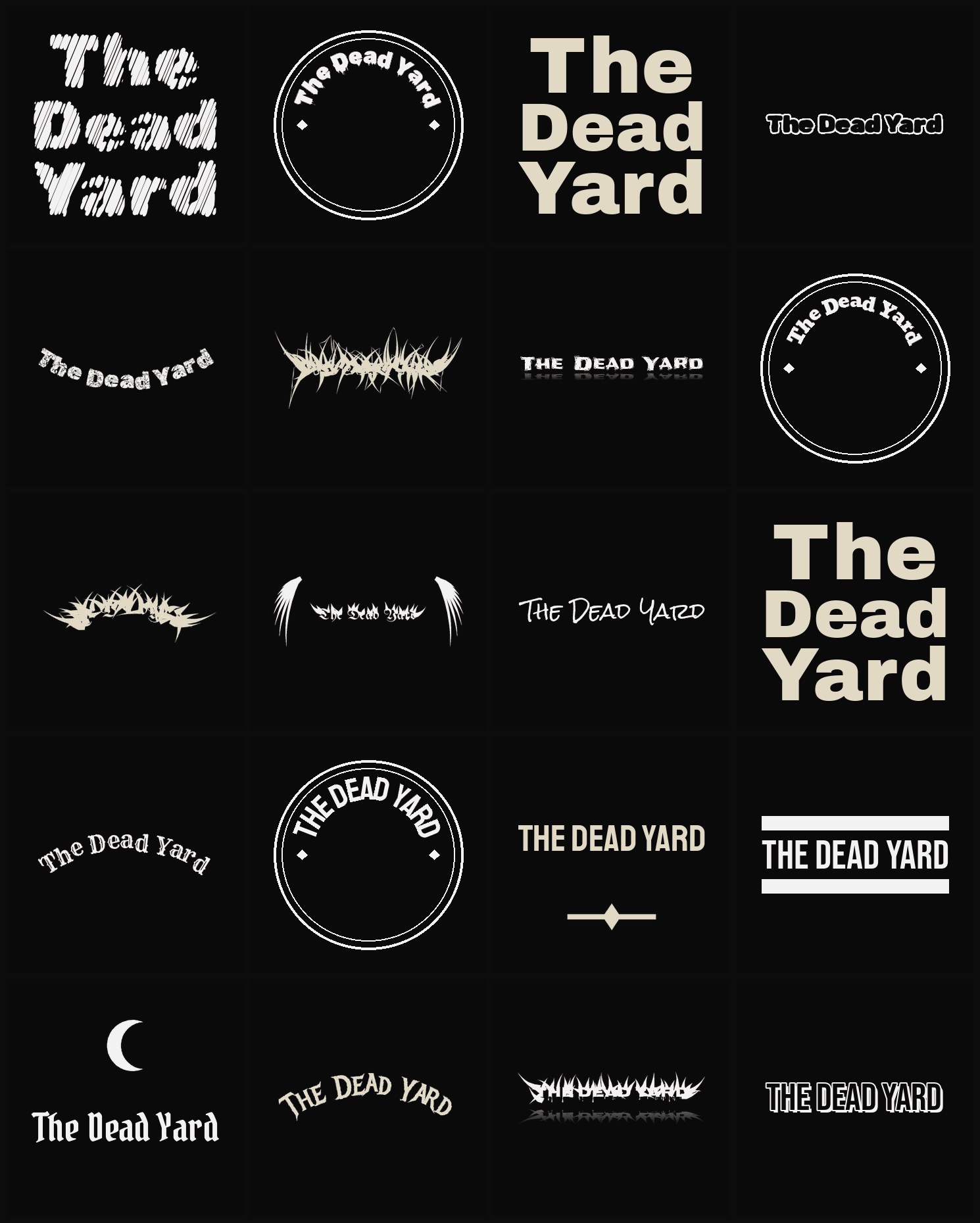 Twenty The Dead Yard band logo ideas — different faces, treatments and spike settings