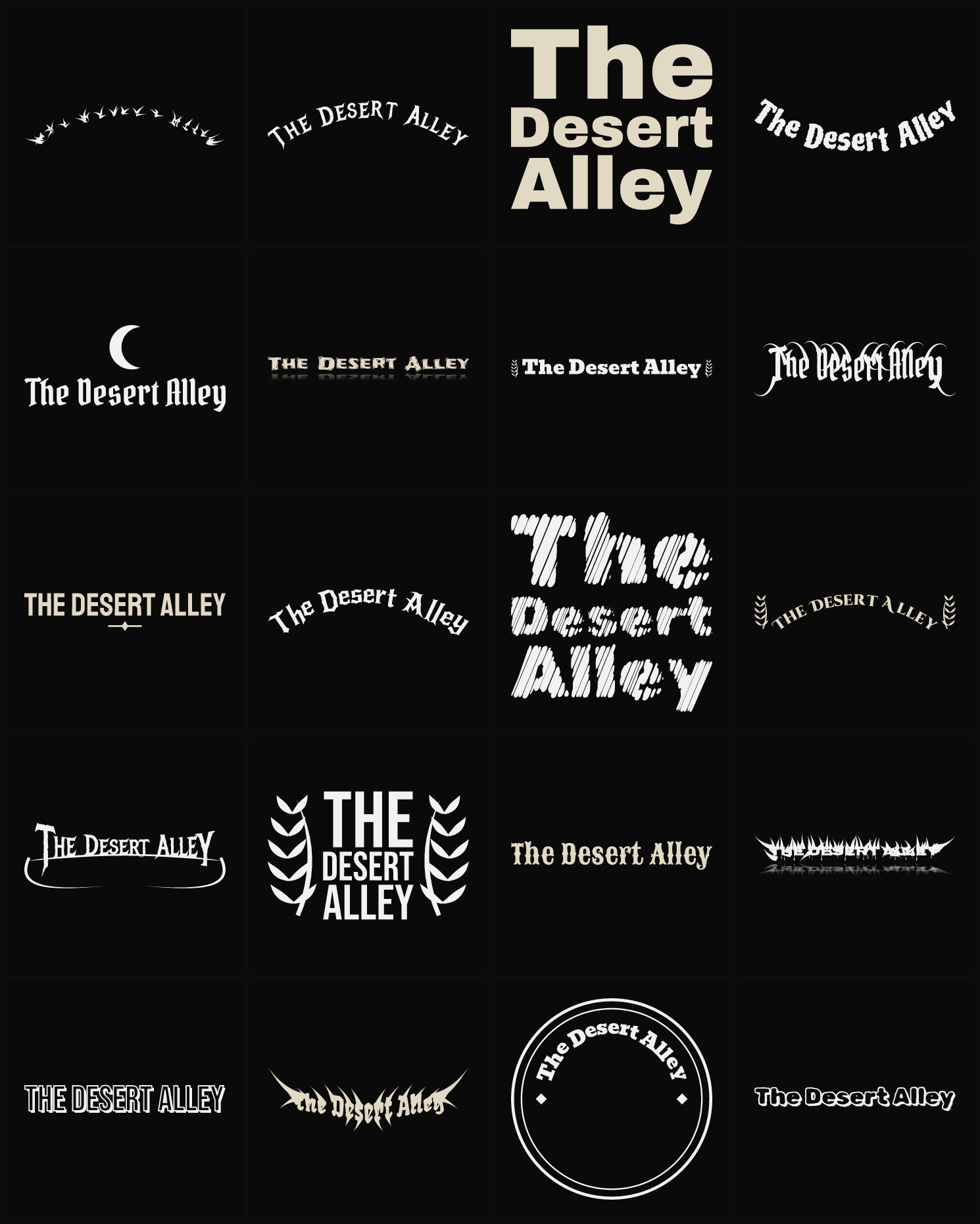 Twenty The Desert Alley band logo ideas — different faces, treatments and spike settings