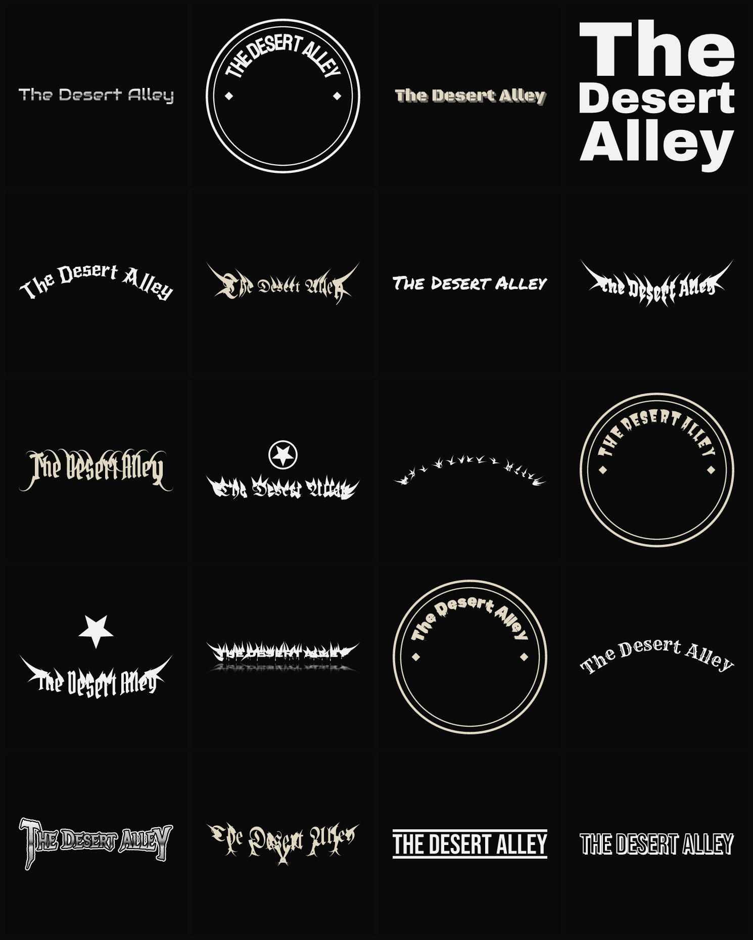 Twenty The Desert Alley band logo ideas — different faces, treatments and spike settings