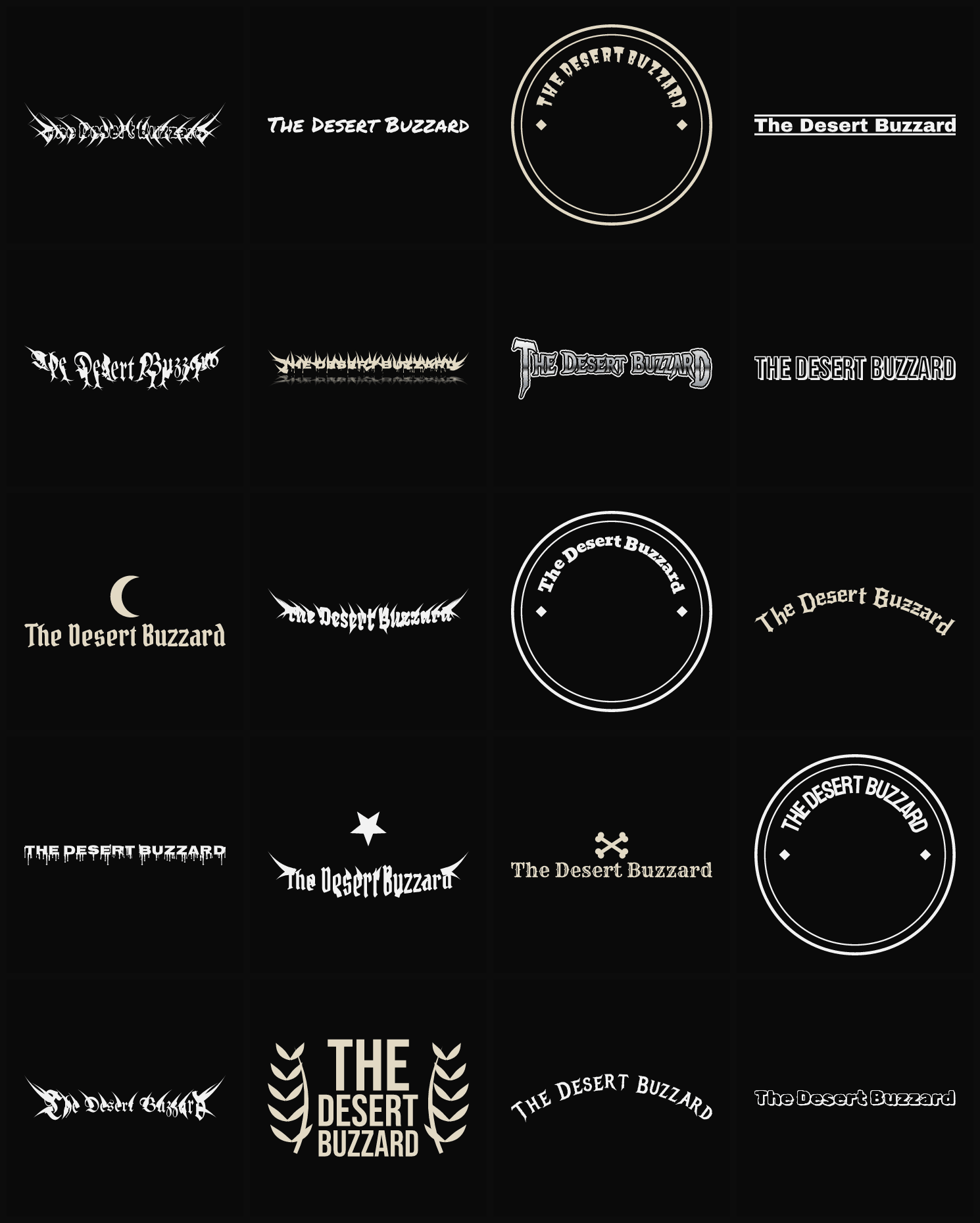 Twenty The Desert Buzzard band logo ideas — different faces, treatments and spike settings