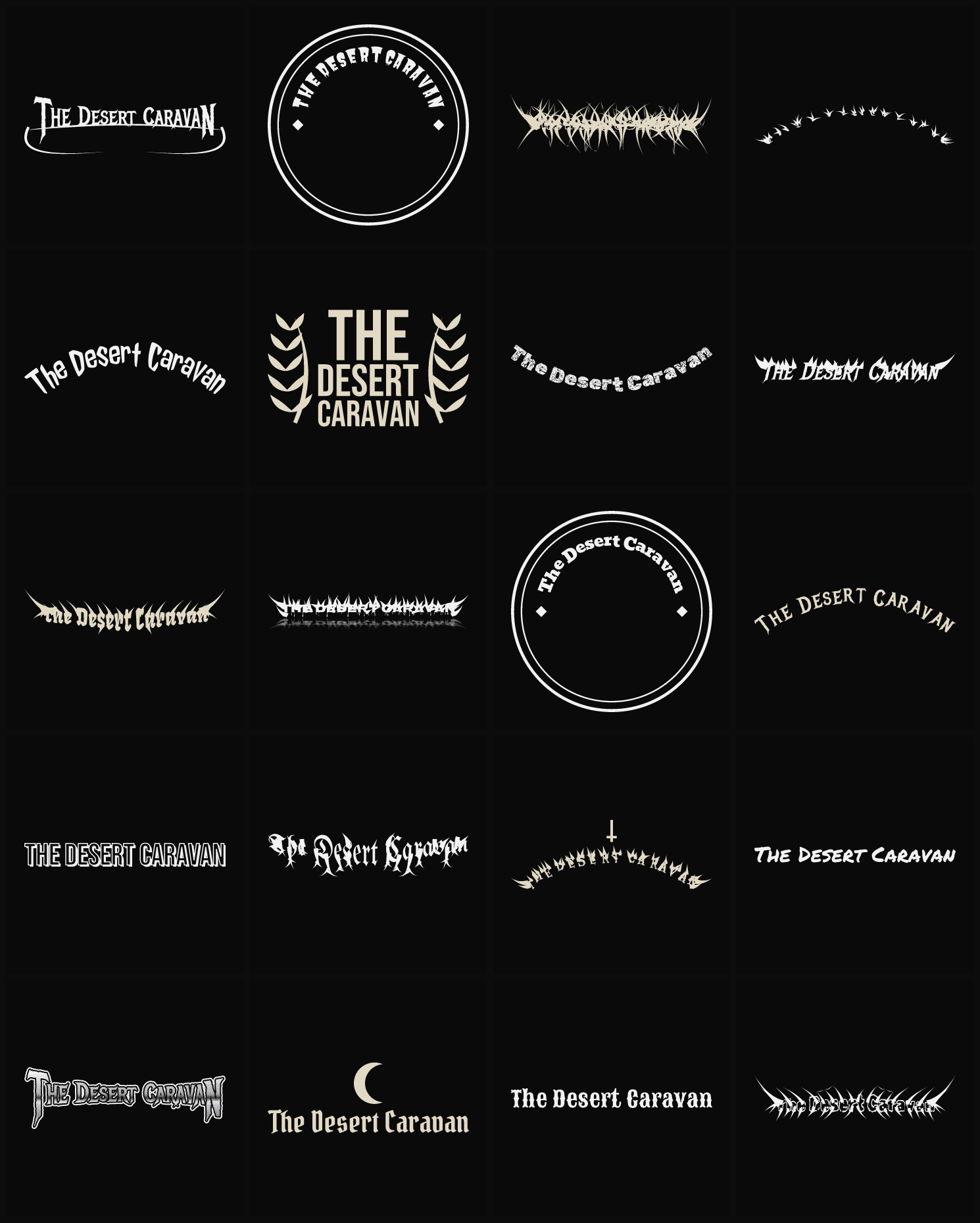 Twenty The Desert Caravan band logo ideas — different faces, treatments and spike settings