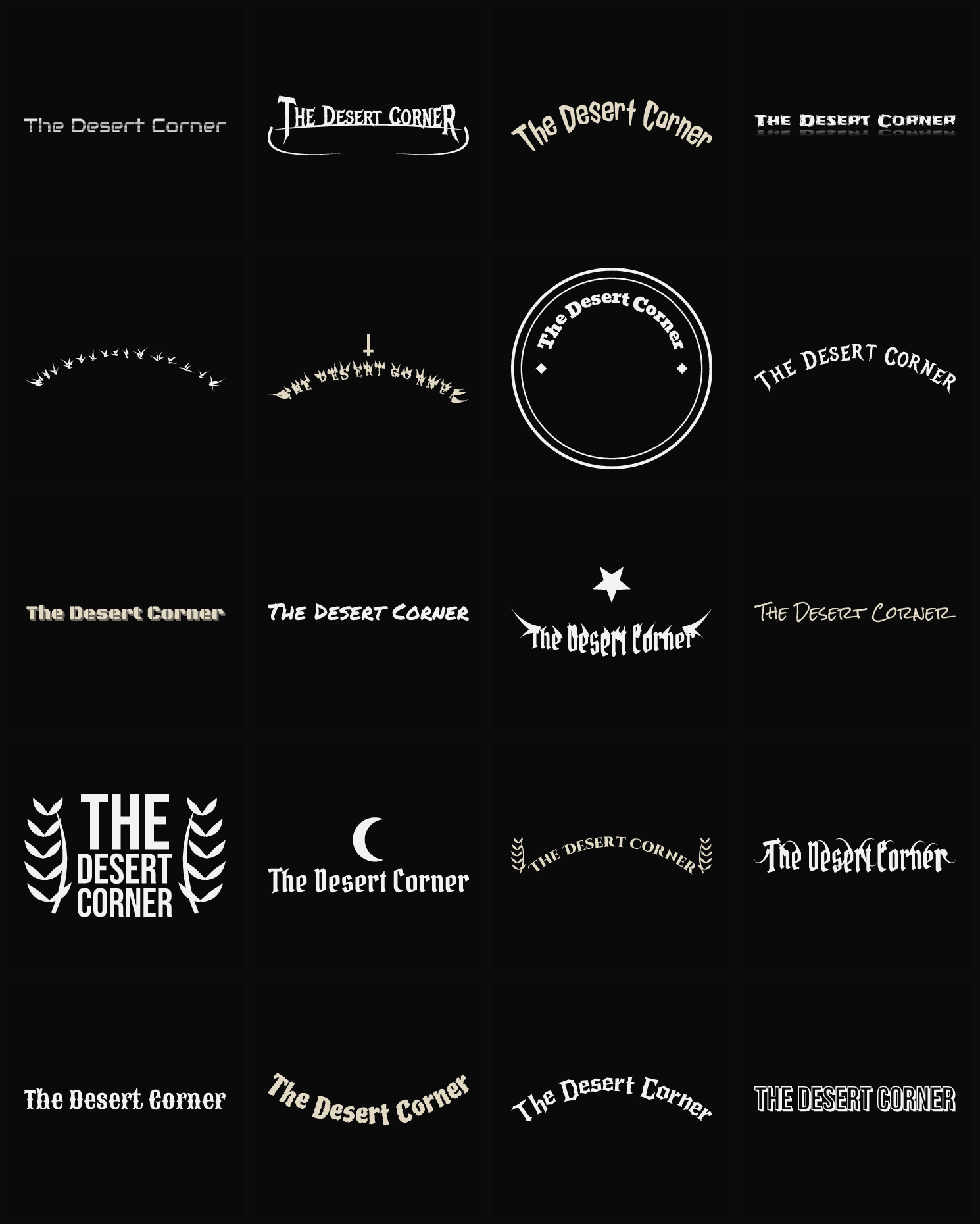 Twenty The Desert Corner band logo ideas — different faces, treatments and spike settings