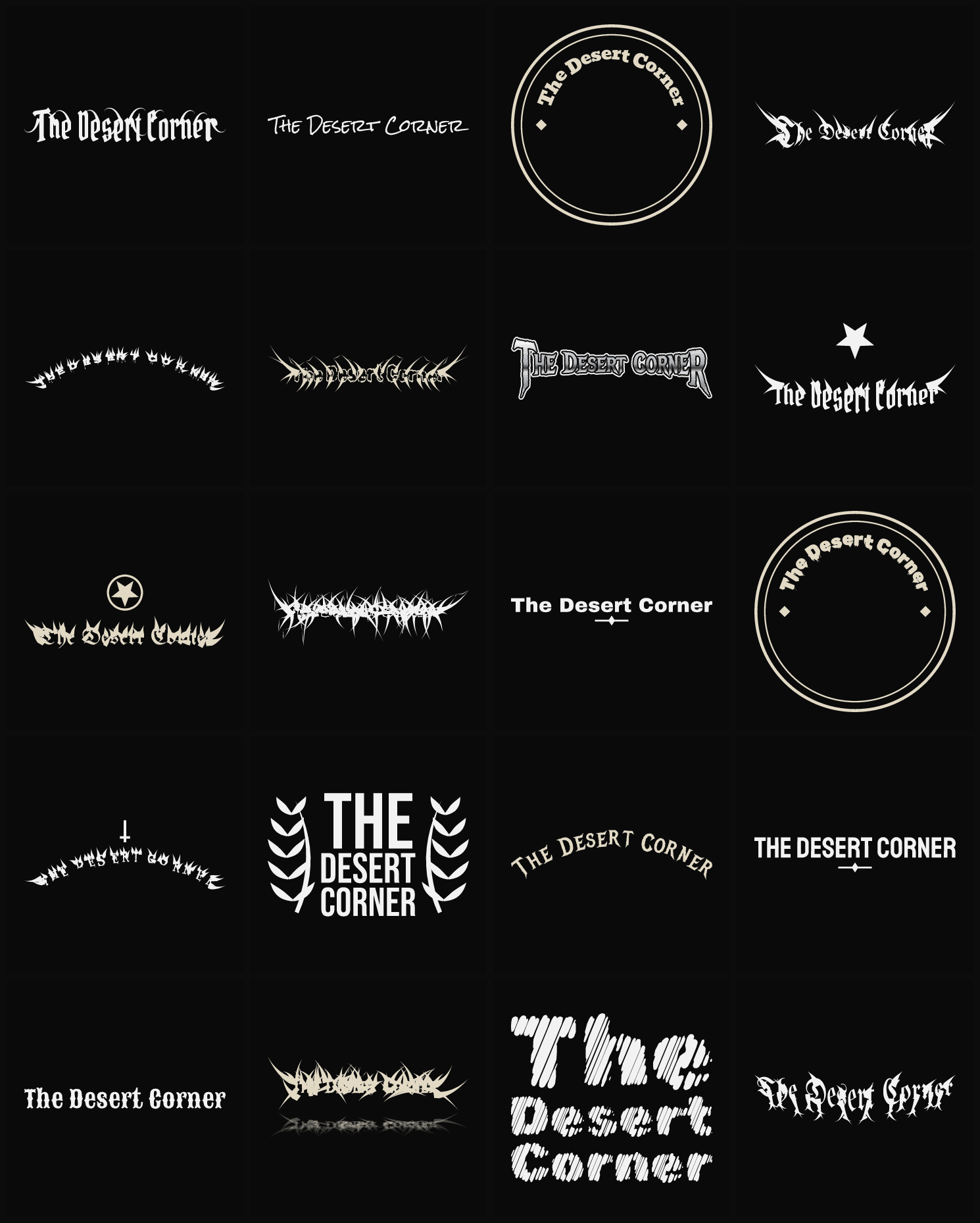Twenty The Desert Corner band logo ideas — different faces, treatments and spike settings