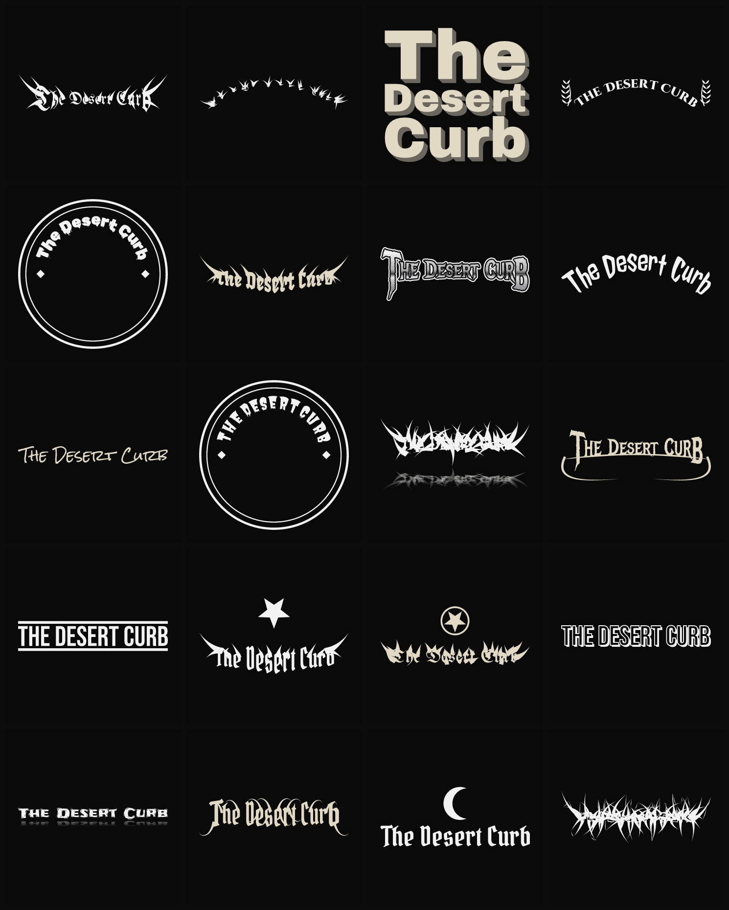 Twenty The Desert Curb band logo ideas — different faces, treatments and spike settings