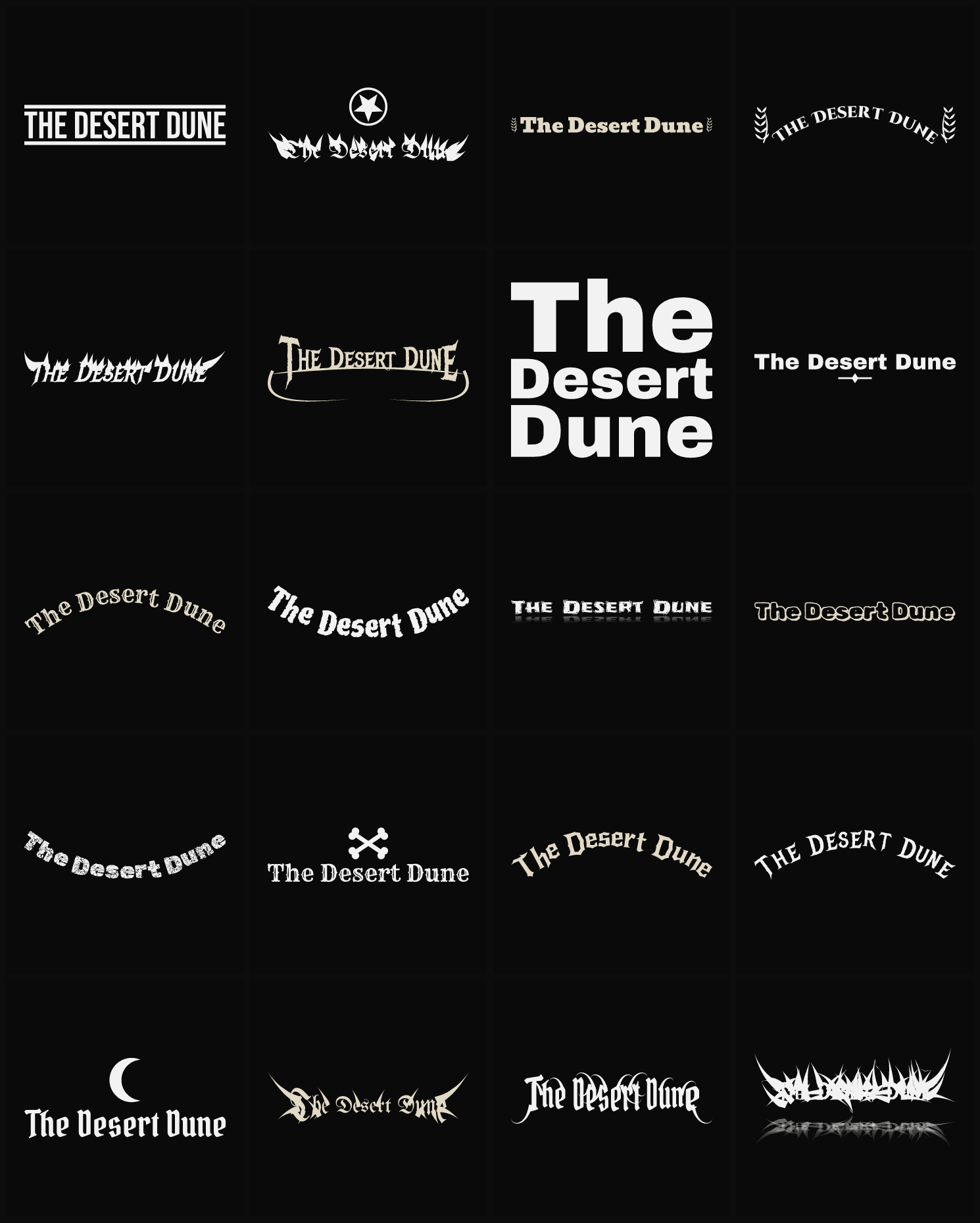 Twenty The Desert Dune band logo ideas — different faces, treatments and spike settings