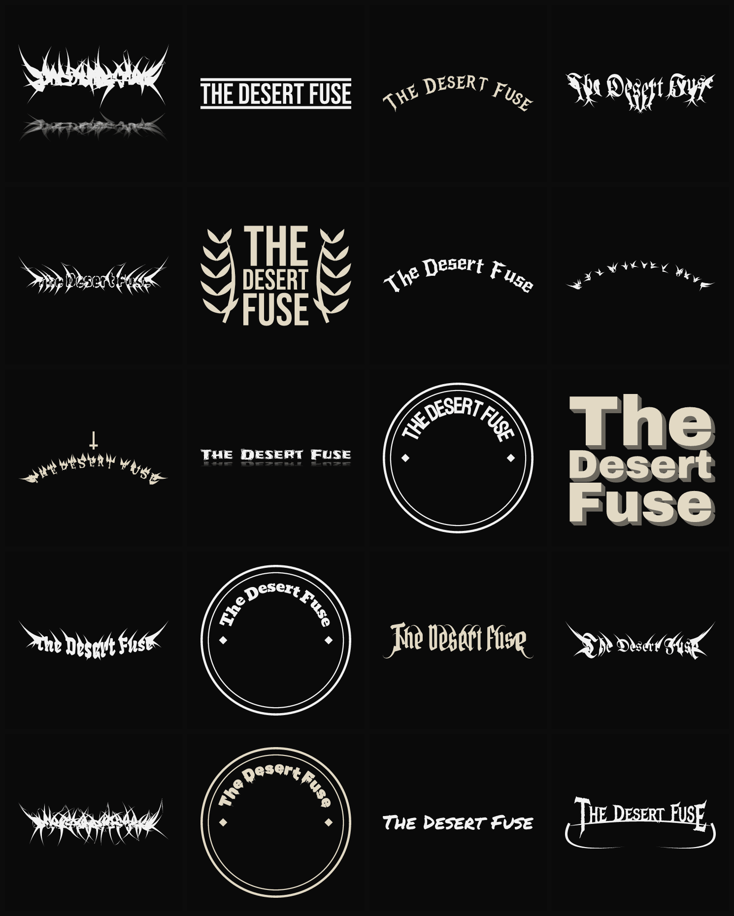 Twenty The Desert Fuse band logo ideas — different faces, treatments and spike settings
