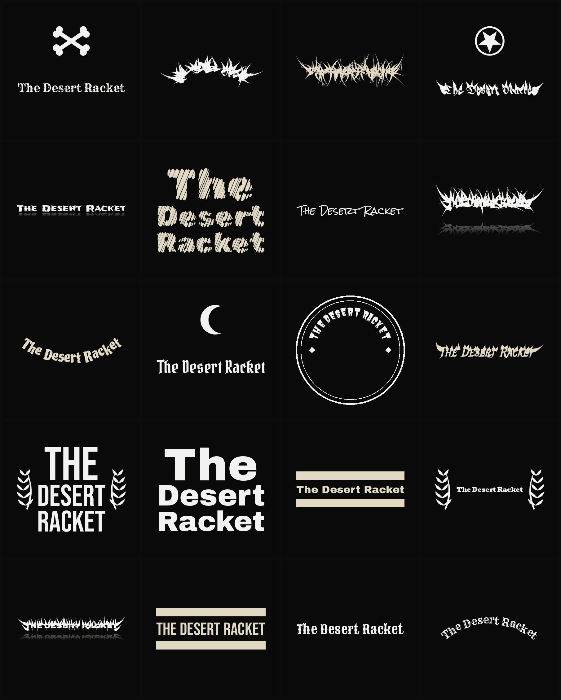 Twenty The Desert Racket band logo ideas — different faces, treatments and spike settings