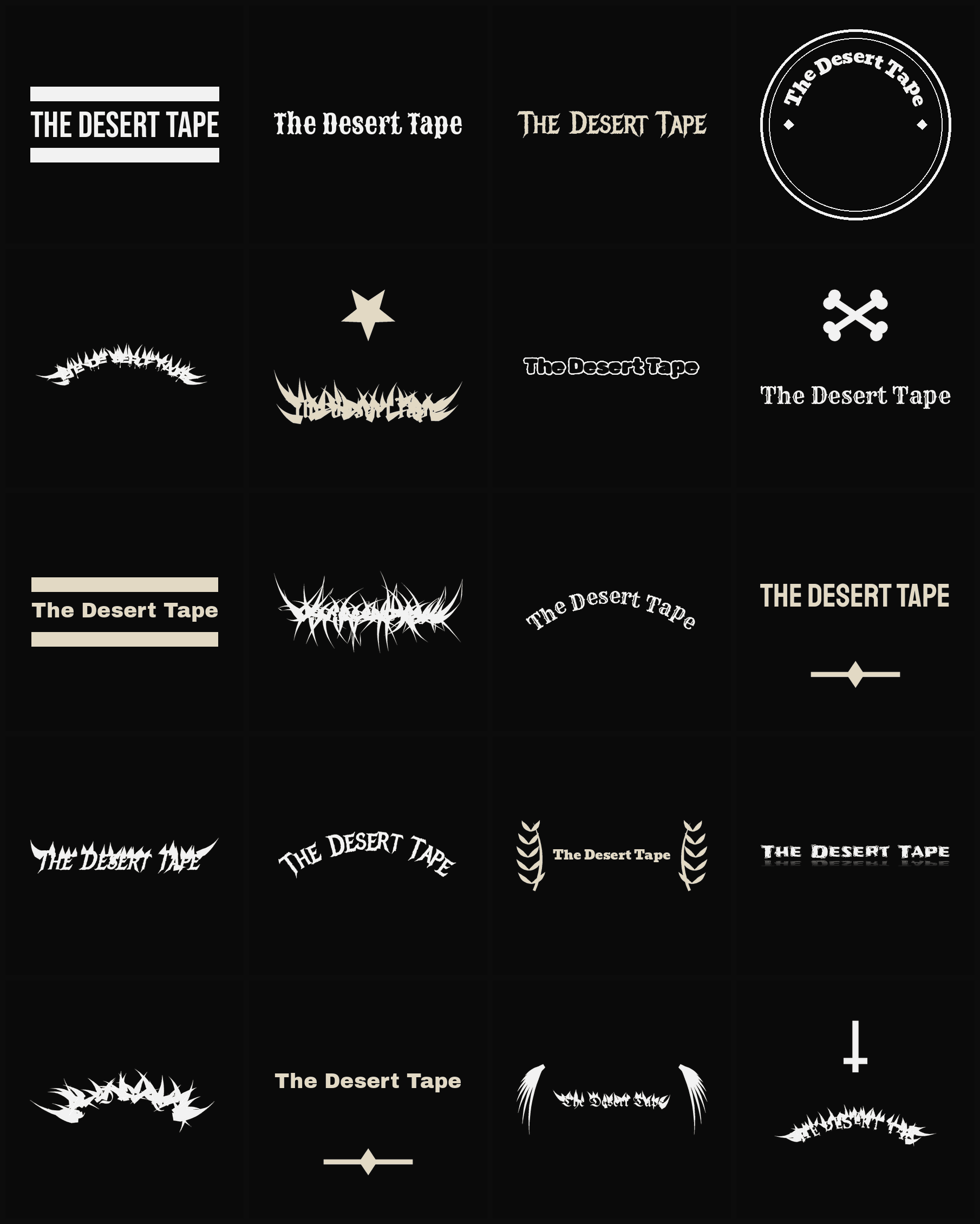Twenty The Desert Tape band logo ideas — different faces, treatments and spike settings