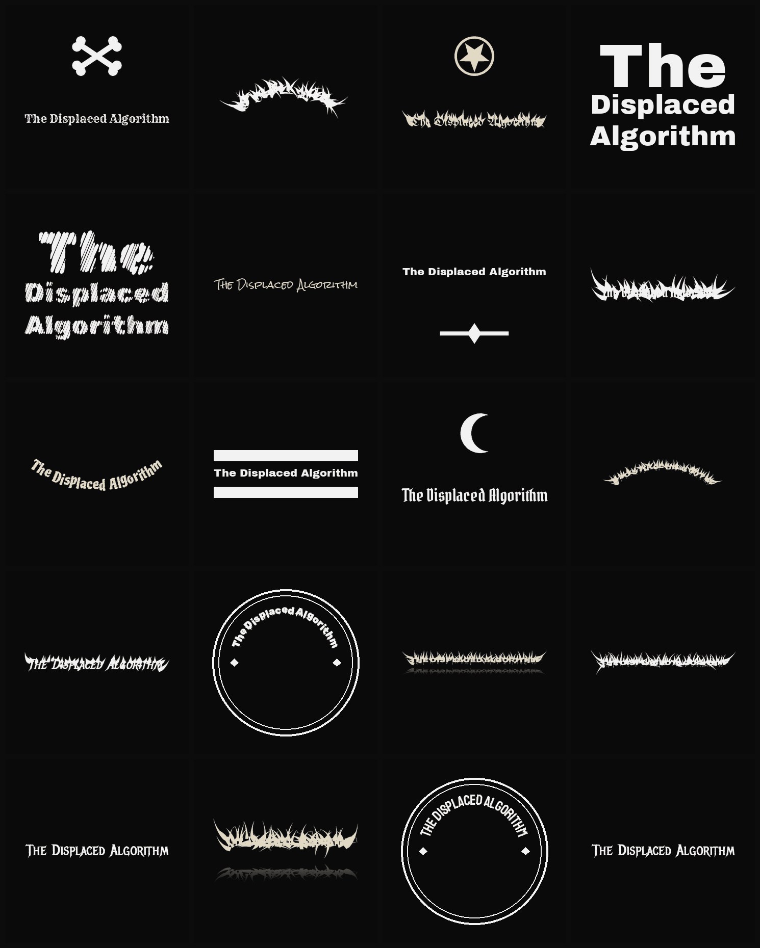 Twenty The Displaced Algorithm band logo ideas — different faces, treatments and spike settings
