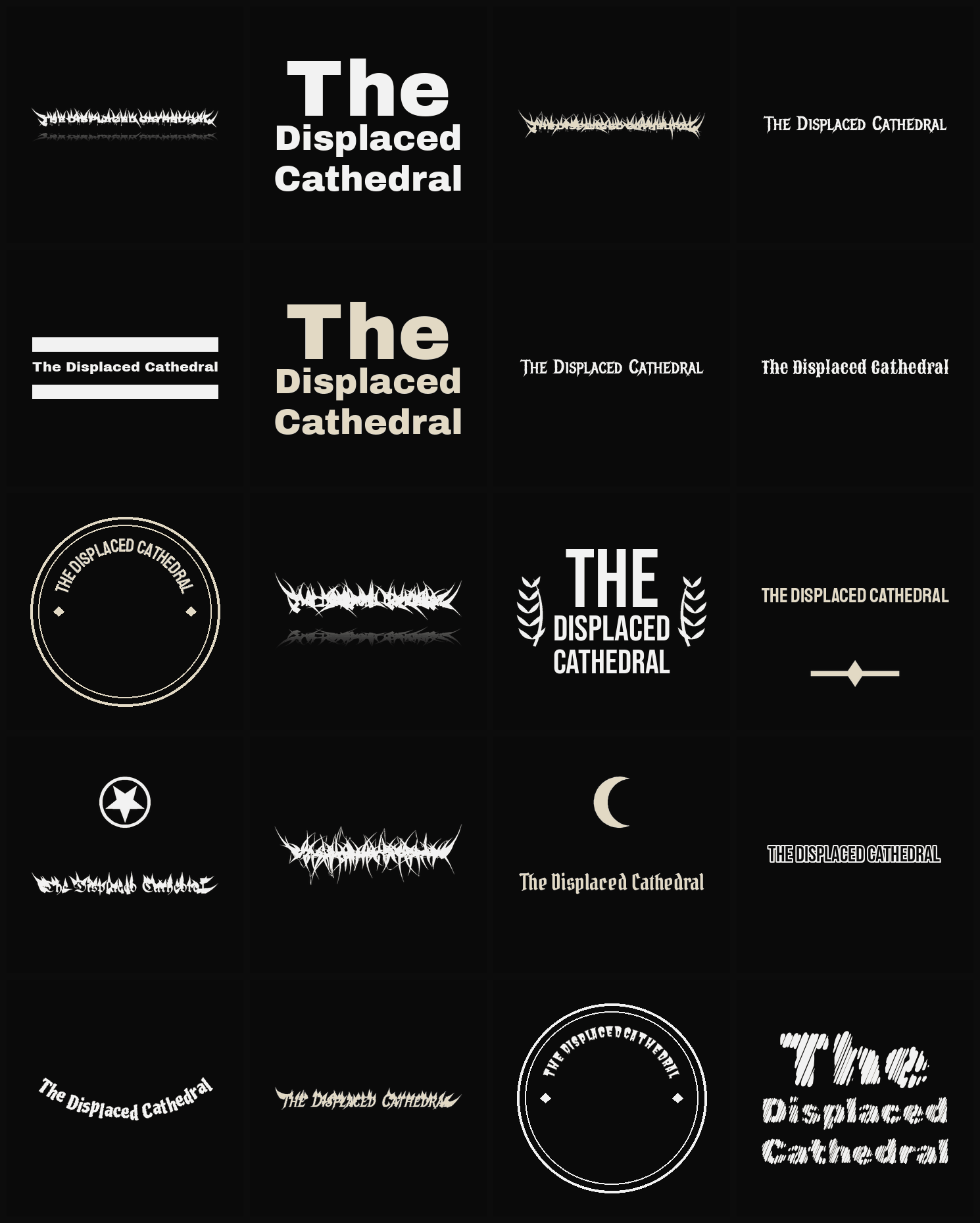 Twenty The Displaced Cathedral band logo ideas — different faces, treatments and spike settings