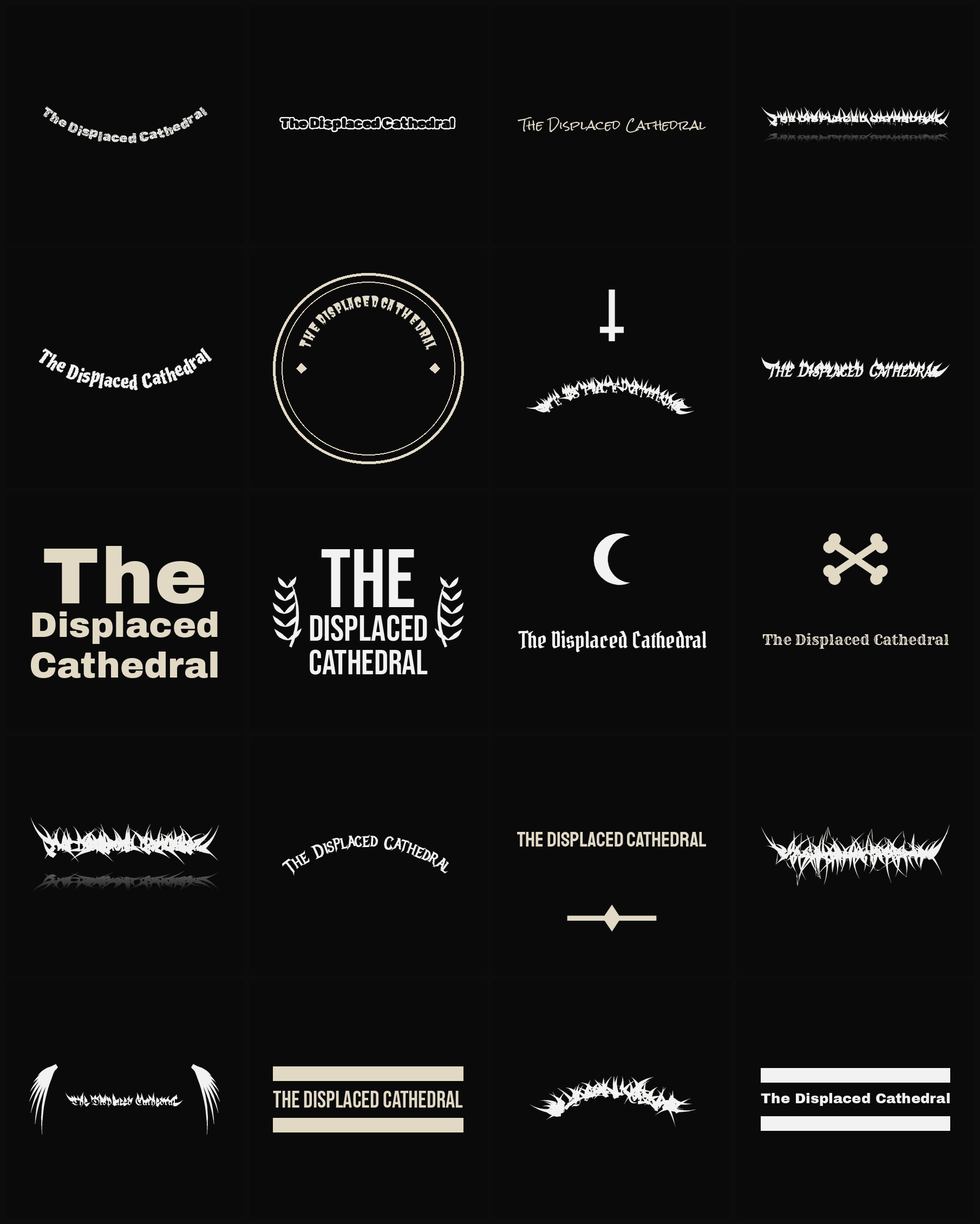 Twenty The Displaced Cathedral band logo ideas — different faces, treatments and spike settings