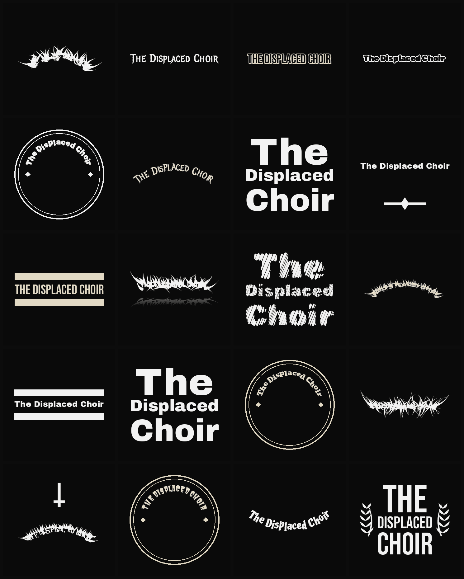 Twenty The Displaced Choir band logo ideas — different faces, treatments and spike settings