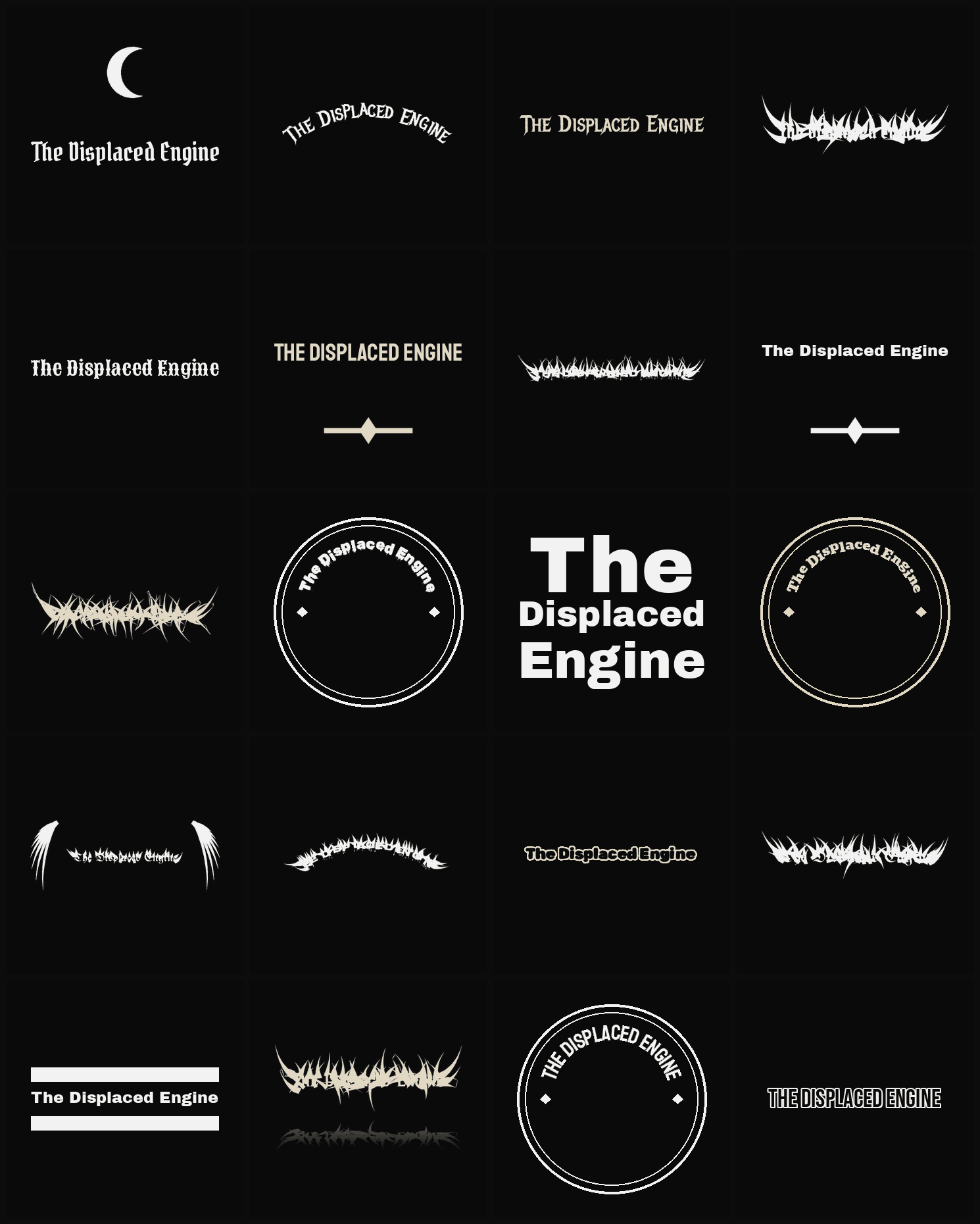 Twenty The Displaced Engine band logo ideas — different faces, treatments and spike settings