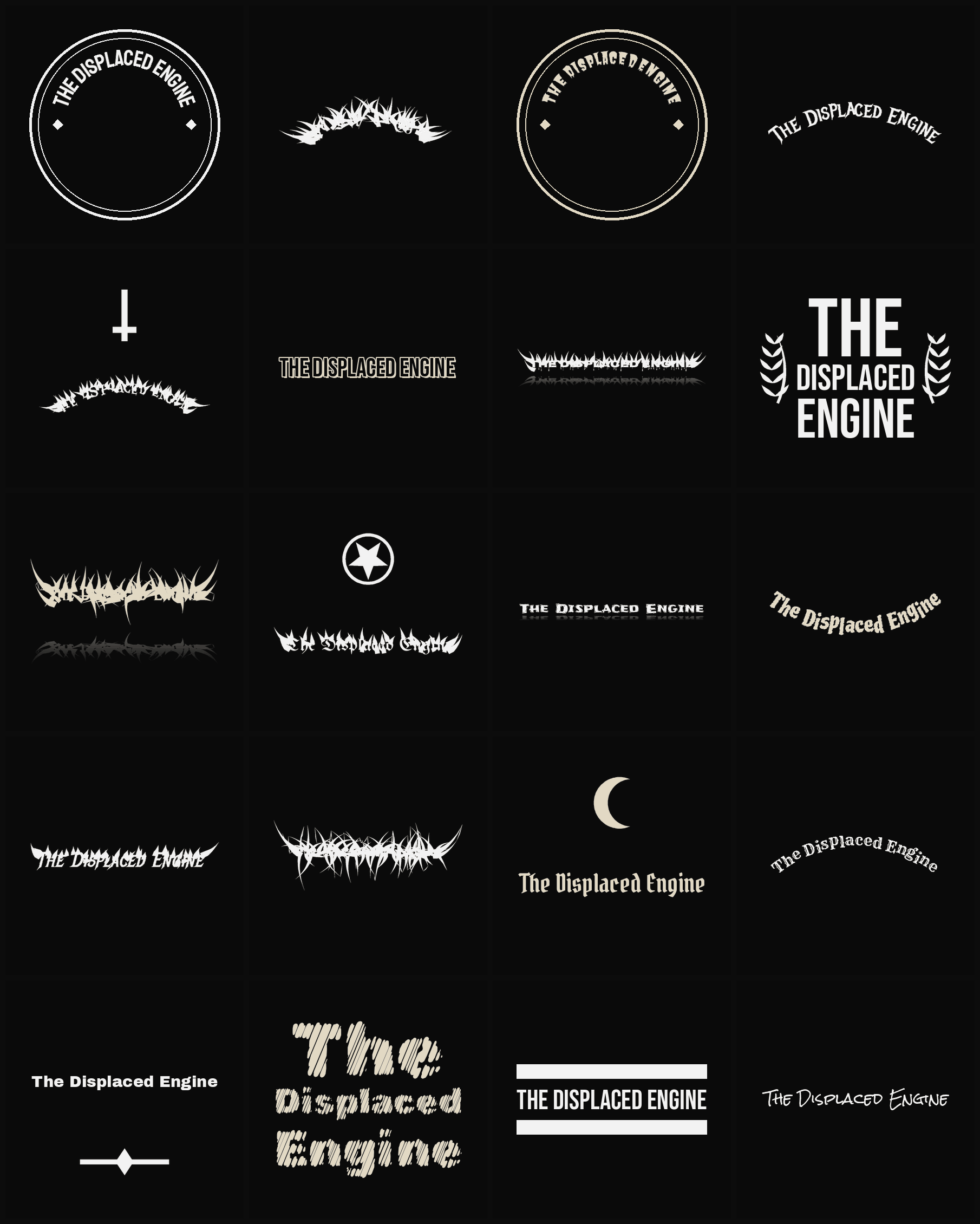 Twenty The Displaced Engine band logo ideas — different faces, treatments and spike settings