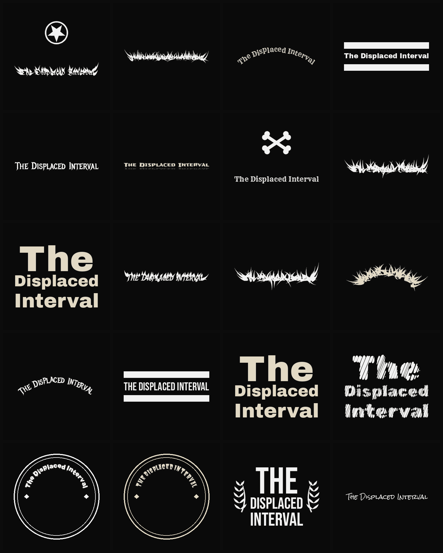 Twenty The Displaced Interval band logo ideas — different faces, treatments and spike settings