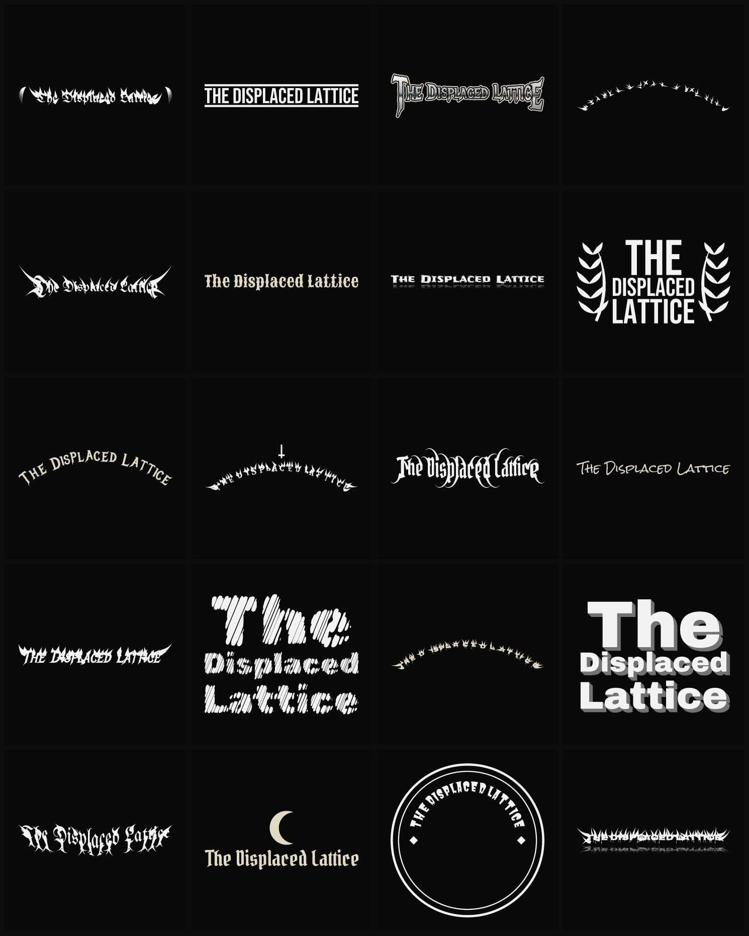 Twenty The Displaced Lattice band logo ideas — different faces, treatments and spike settings