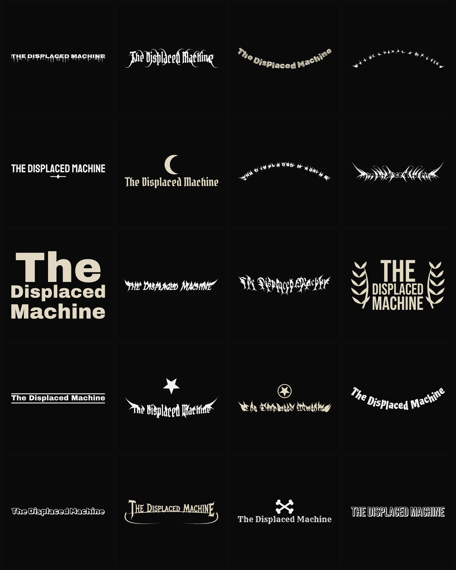 Twenty The Displaced Machine band logo ideas — different faces, treatments and spike settings