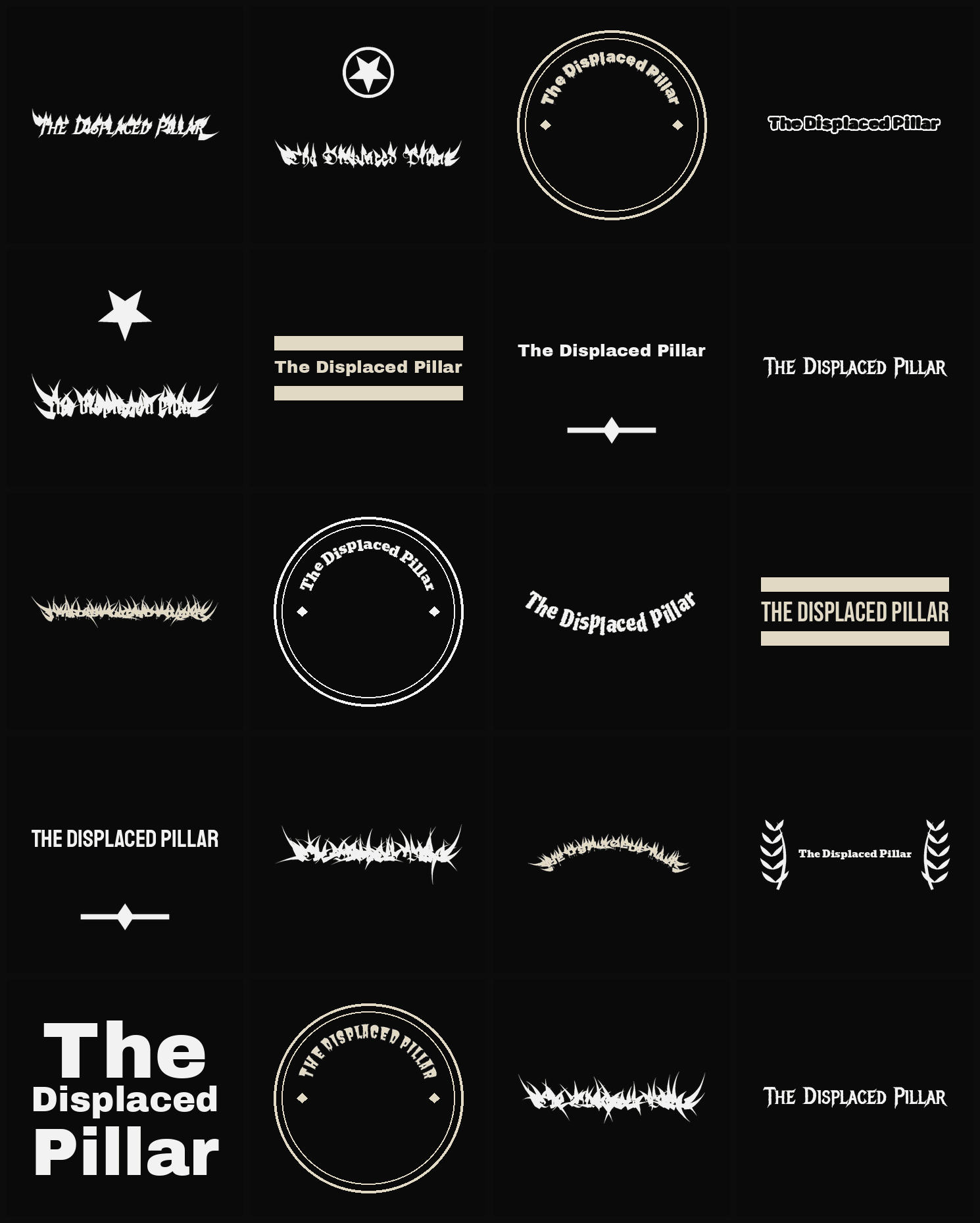 Twenty The Displaced Pillar band logo ideas — different faces, treatments and spike settings