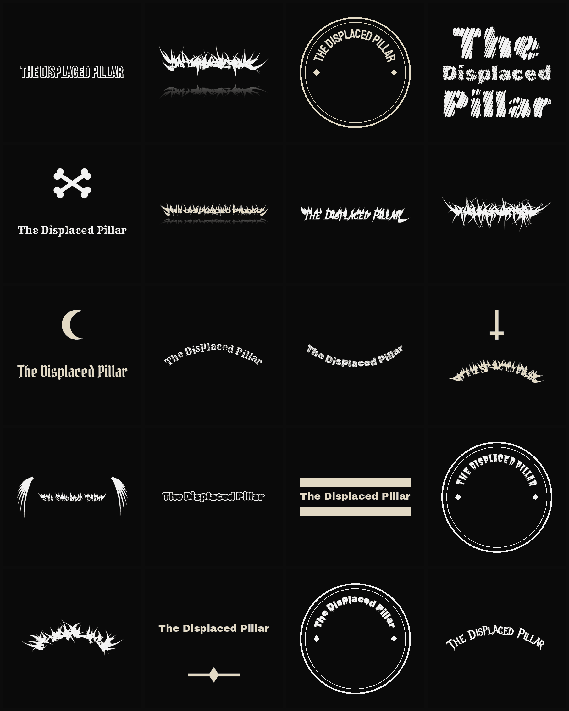 Twenty The Displaced Pillar band logo ideas — different faces, treatments and spike settings