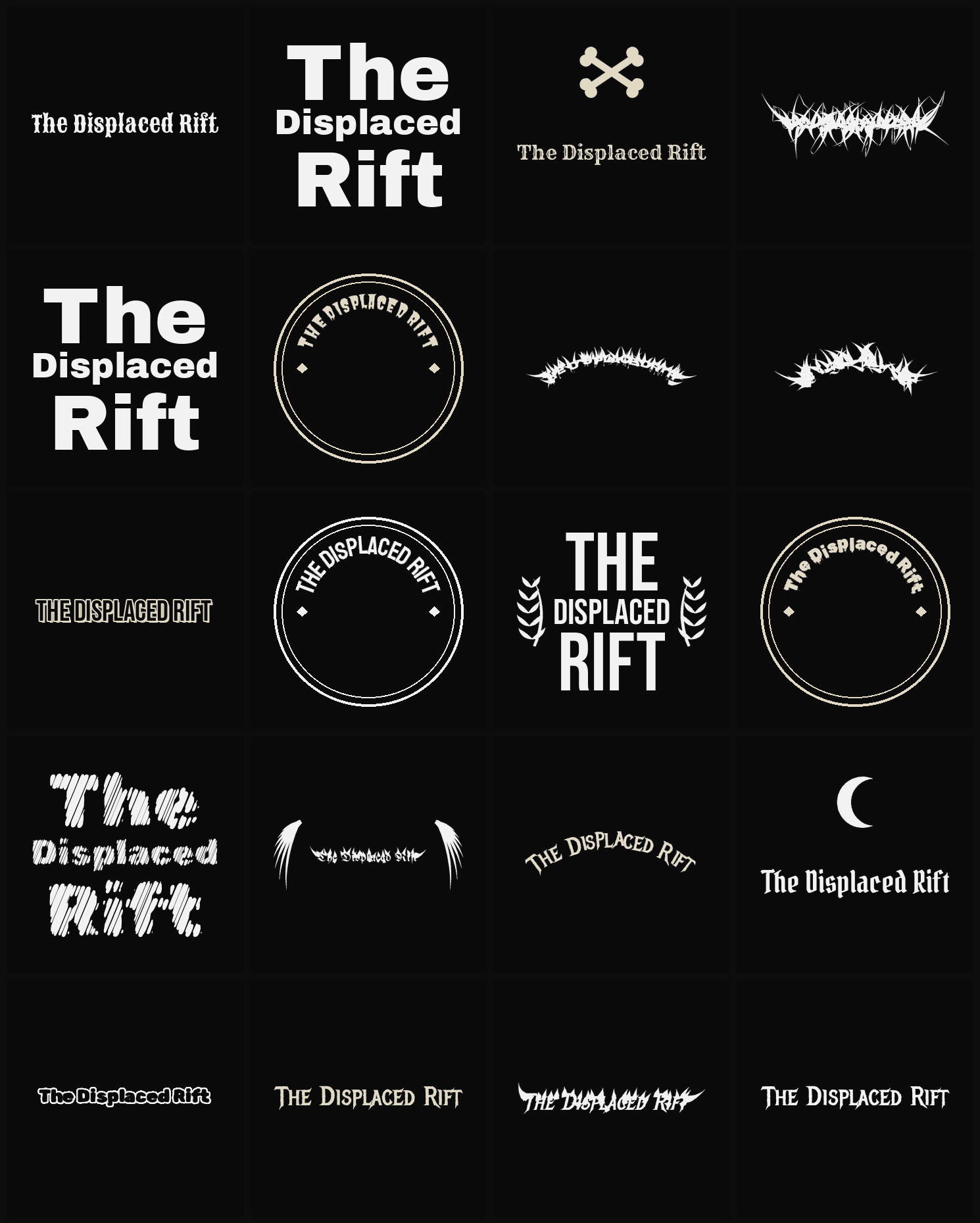 Twenty The Displaced Rift band logo ideas — different faces, treatments and spike settings