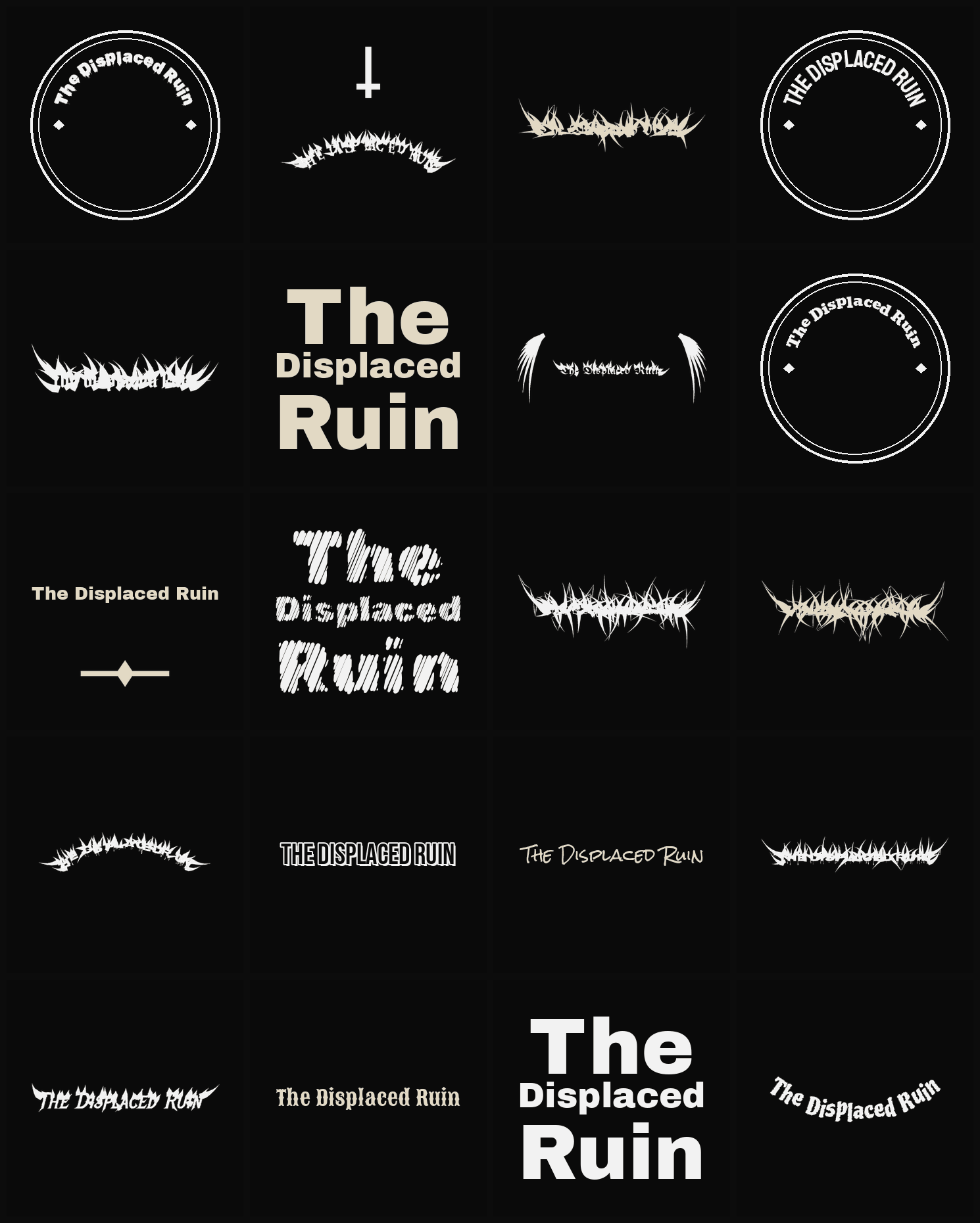 Twenty The Displaced Ruin band logo ideas — different faces, treatments and spike settings