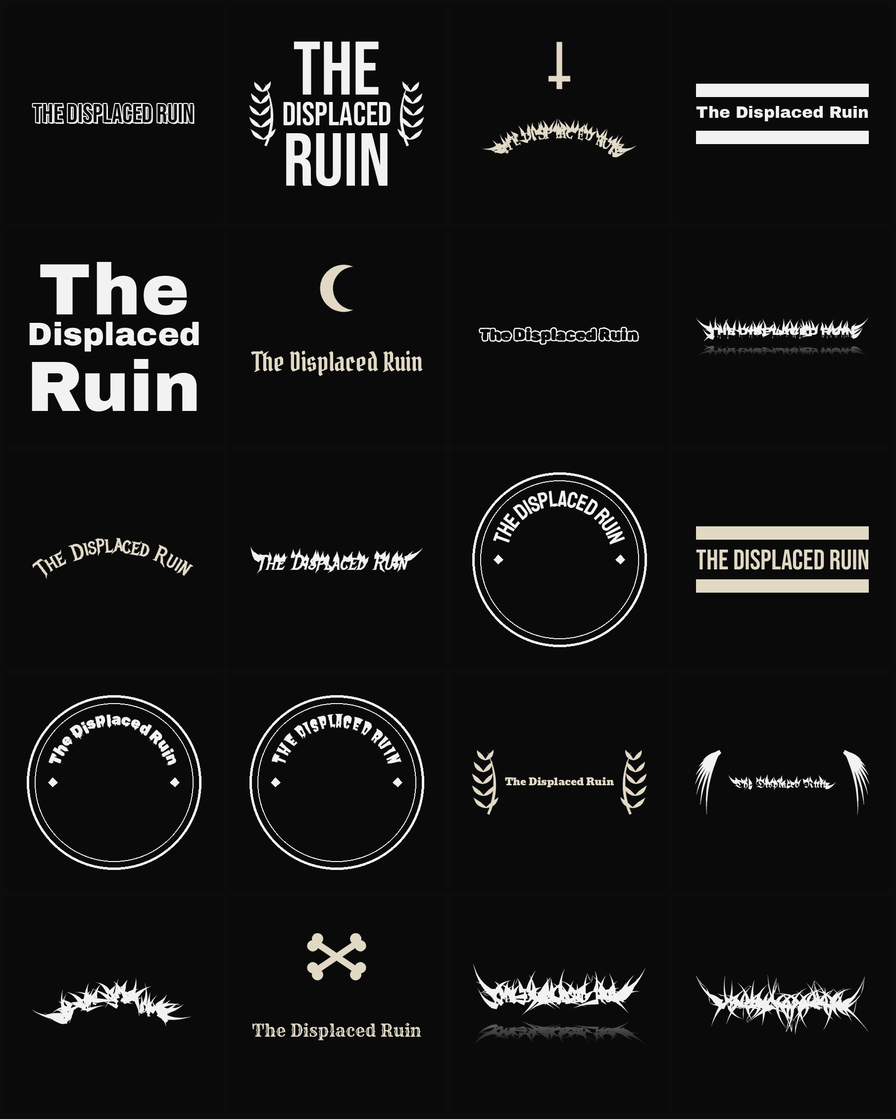 Twenty The Displaced Ruin band logo ideas — different faces, treatments and spike settings