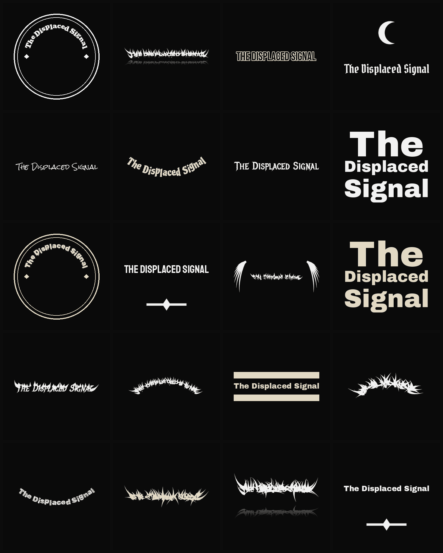 Twenty The Displaced Signal band logo ideas — different faces, treatments and spike settings