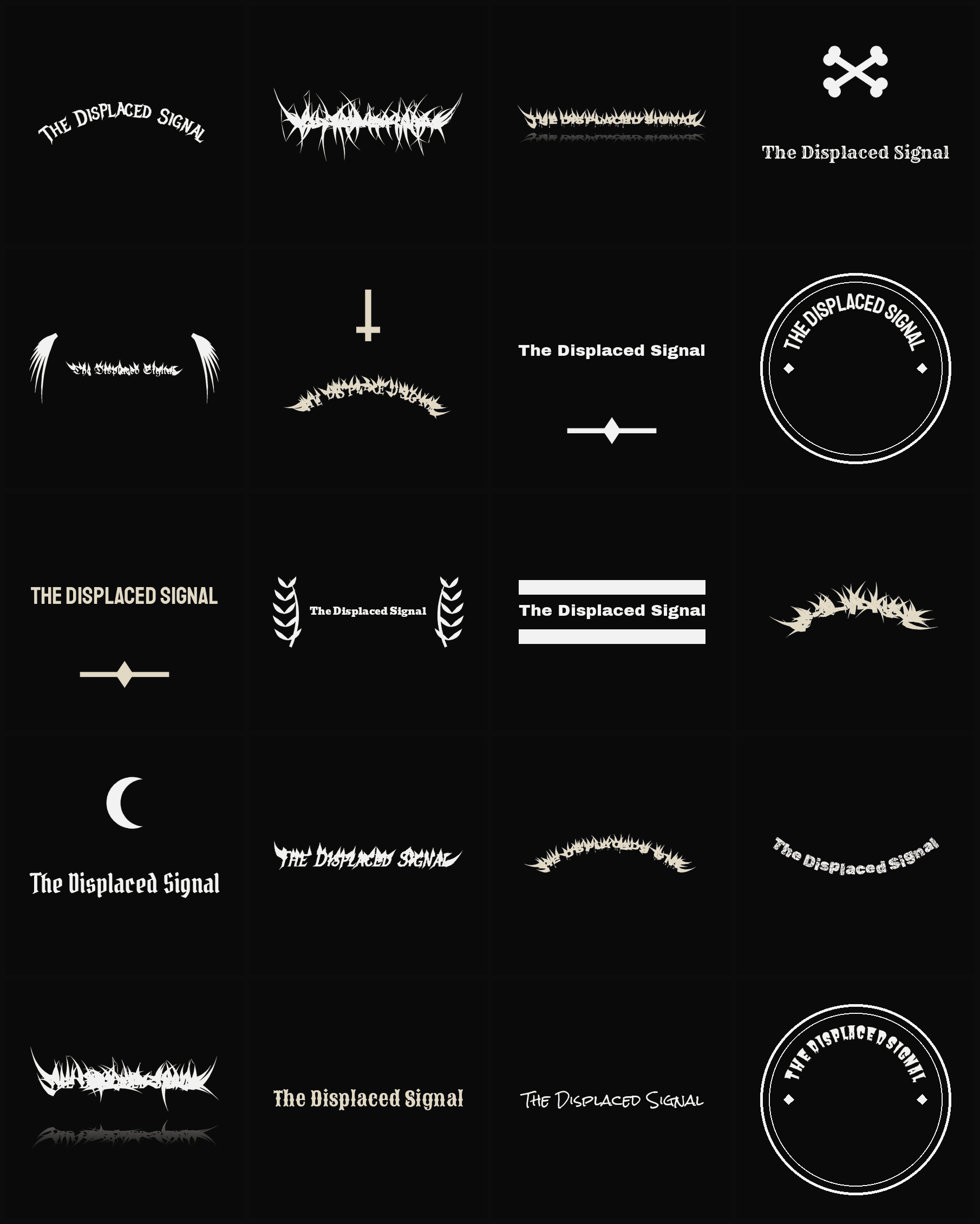 Twenty The Displaced Signal band logo ideas — different faces, treatments and spike settings