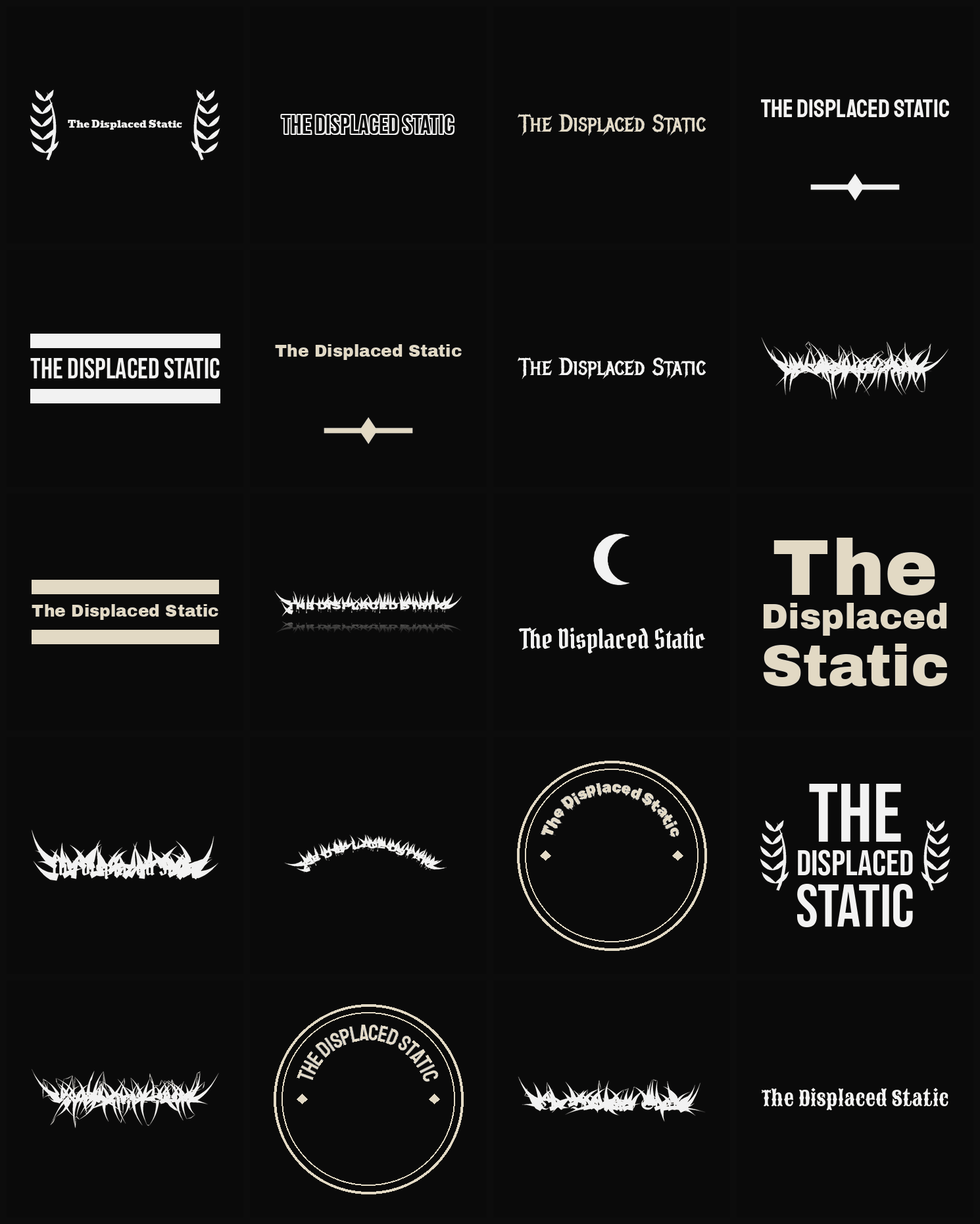 Twenty The Displaced Static band logo ideas — different faces, treatments and spike settings