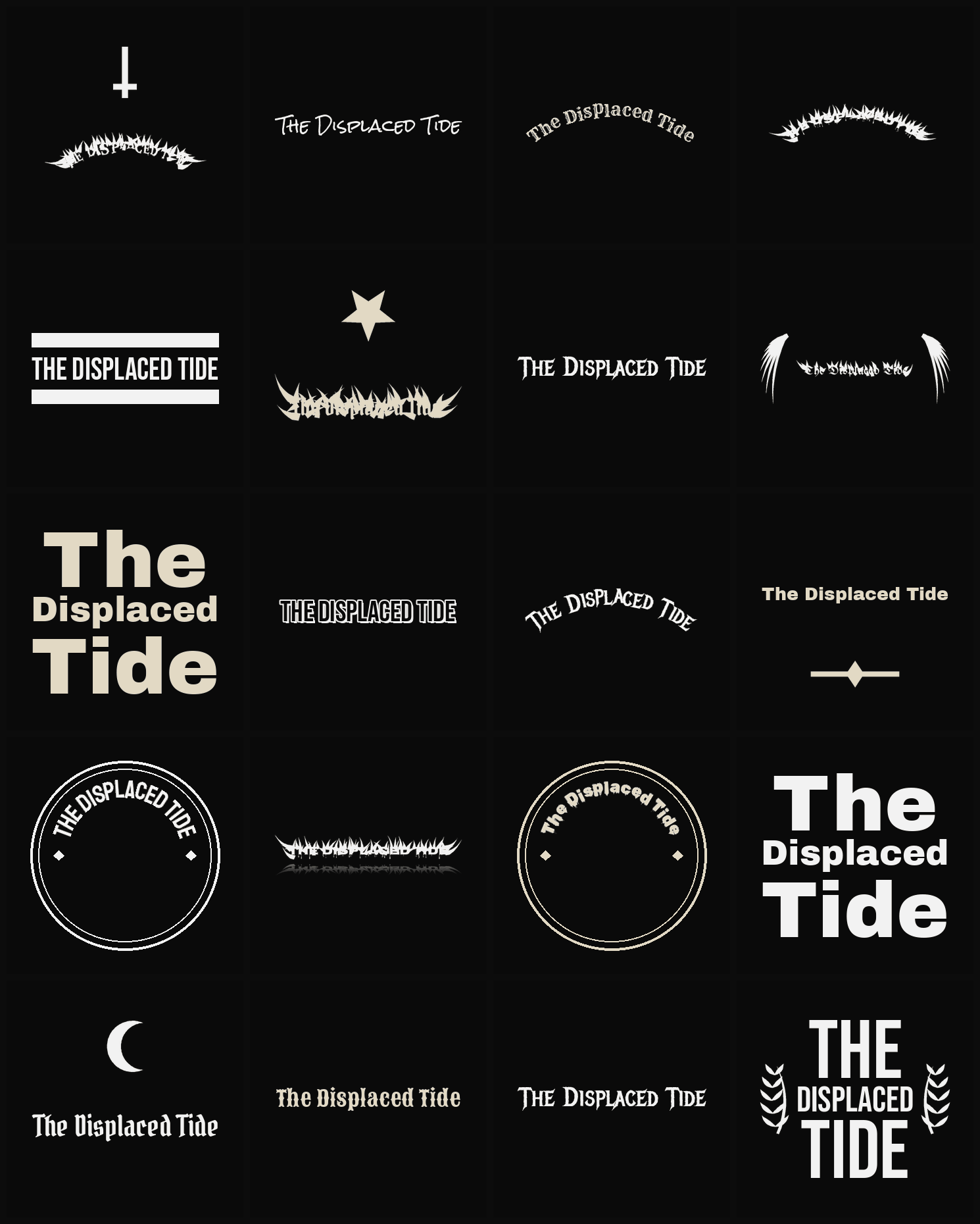 Twenty The Displaced Tide band logo ideas — different faces, treatments and spike settings