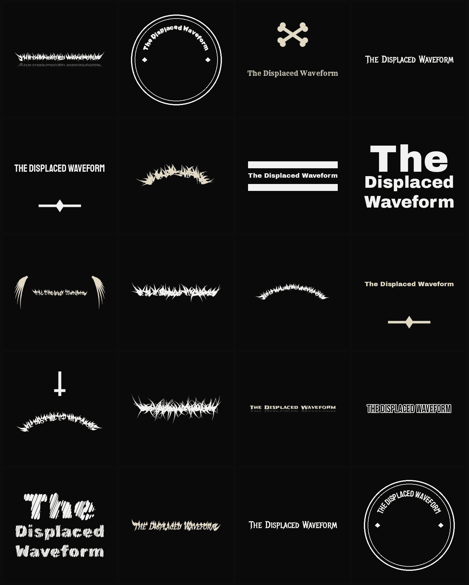 Twenty The Displaced Waveform band logo ideas — different faces, treatments and spike settings