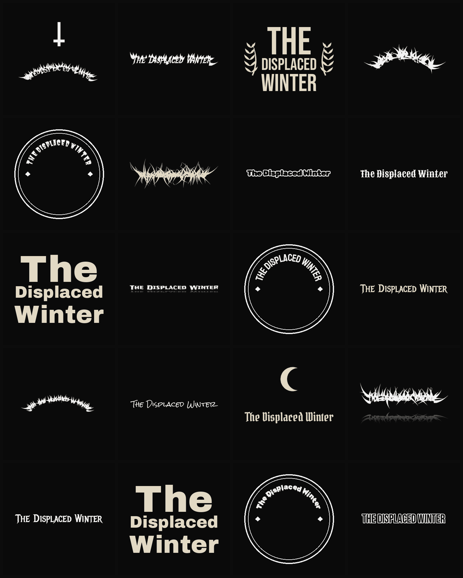 Twenty The Displaced Winter band logo ideas — different faces, treatments and spike settings