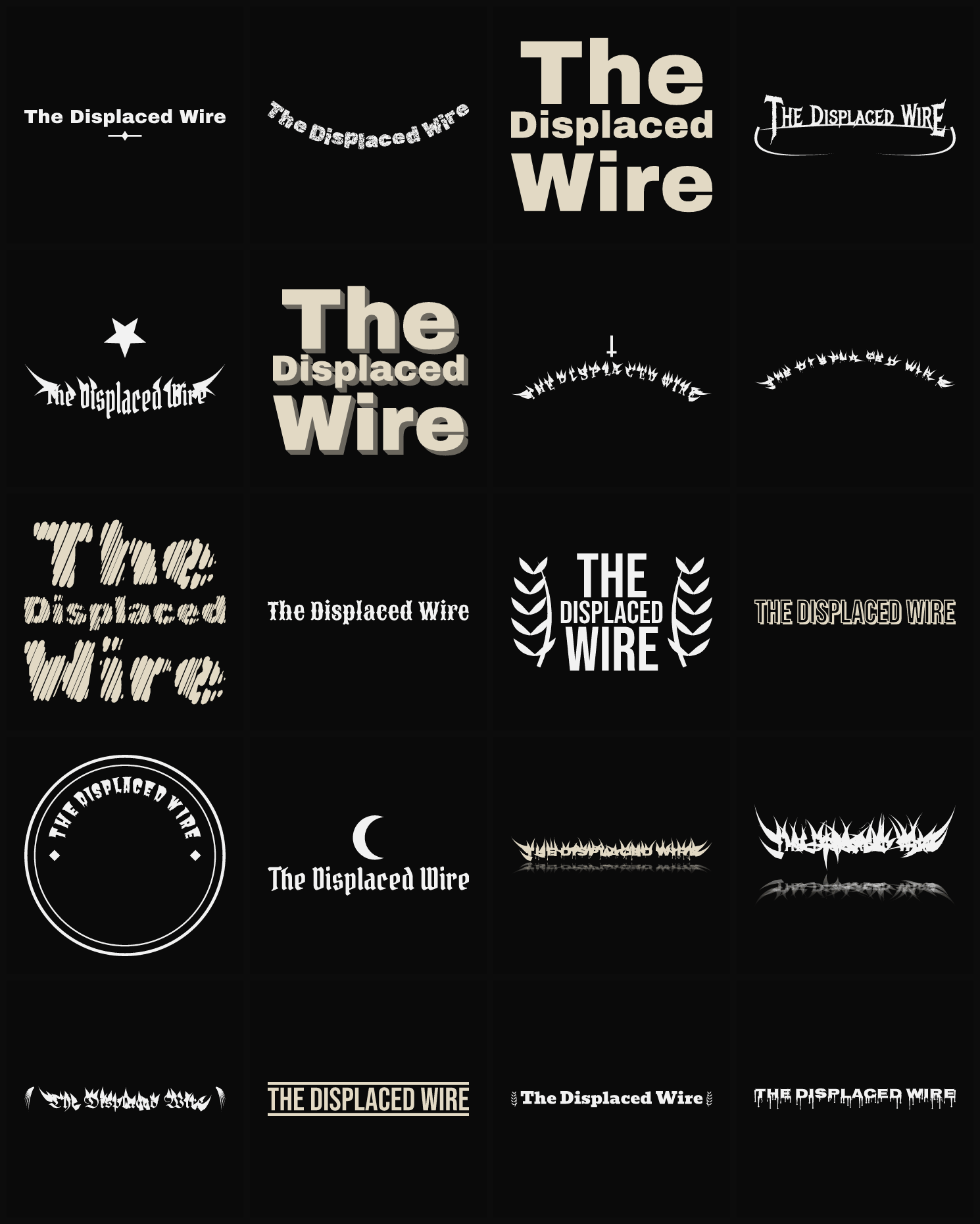 Twenty The Displaced Wire band logo ideas — different faces, treatments and spike settings