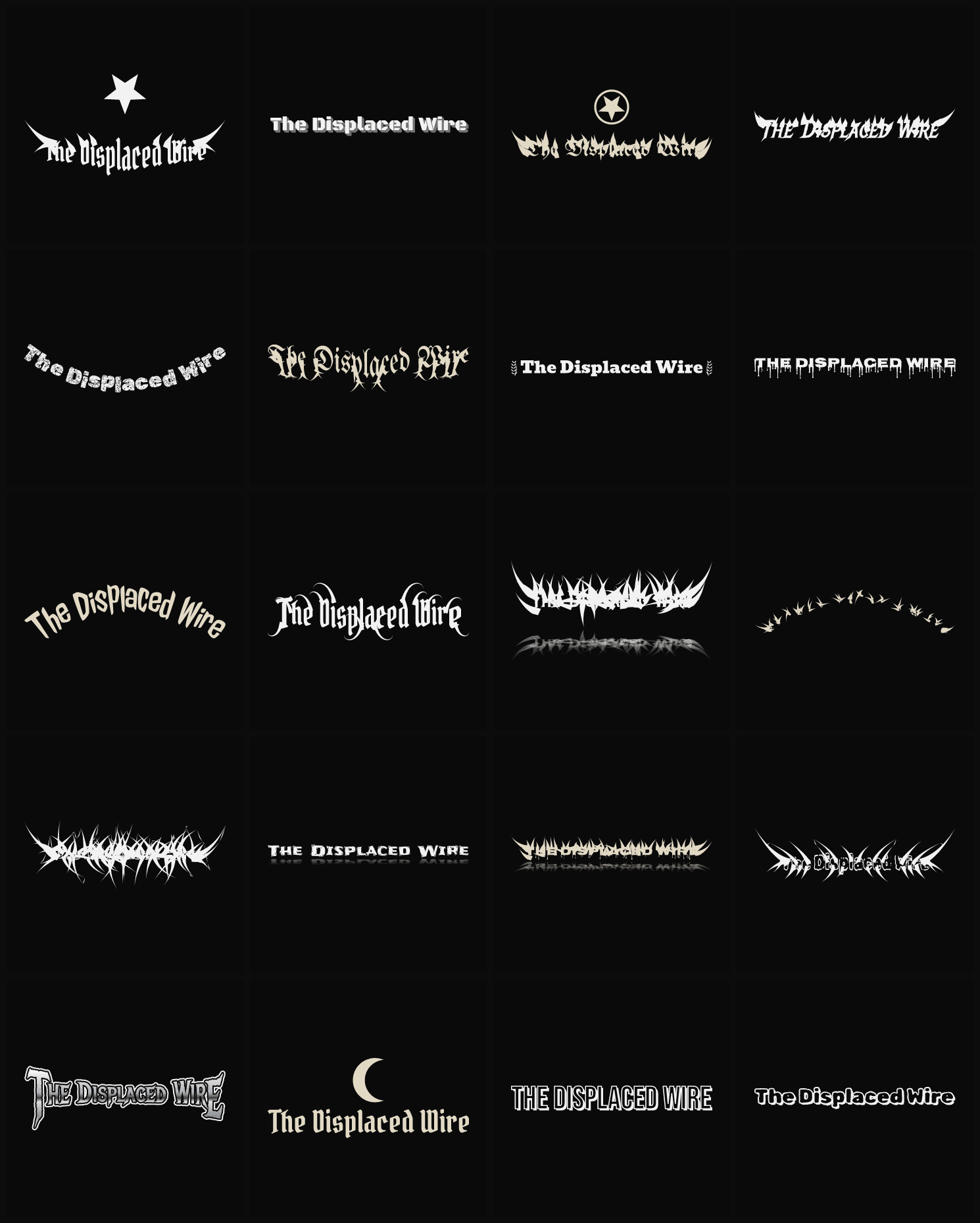 Twenty The Displaced Wire band logo ideas — different faces, treatments and spike settings