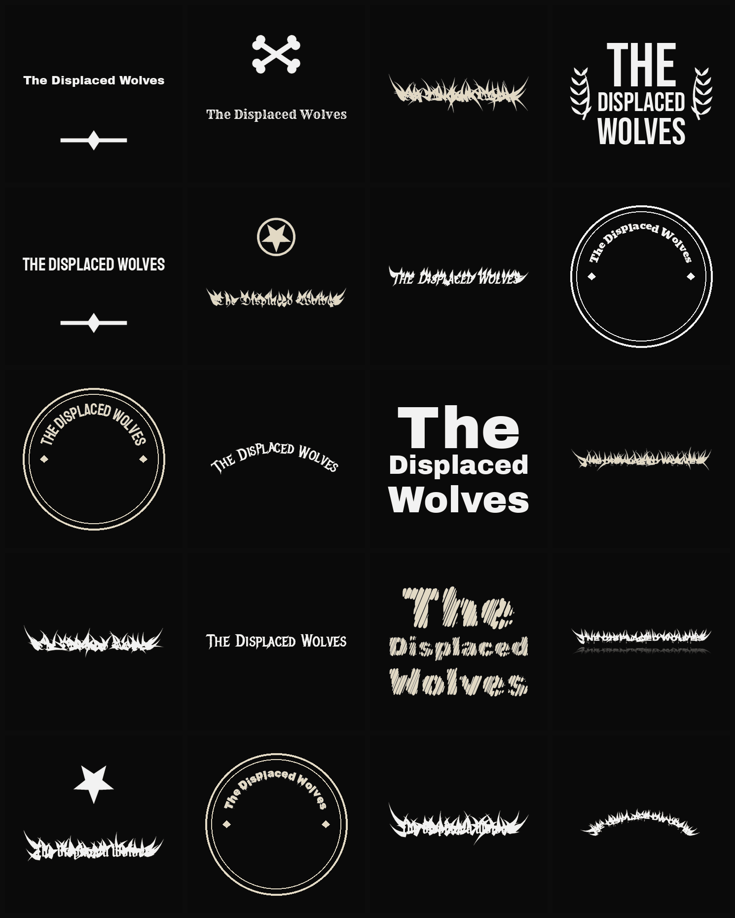 Twenty The Displaced Wolves band logo ideas — different faces, treatments and spike settings
