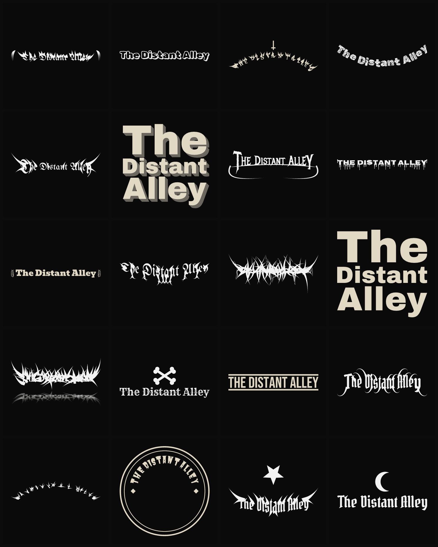 Twenty The Distant Alley band logo ideas — different faces, treatments and spike settings
