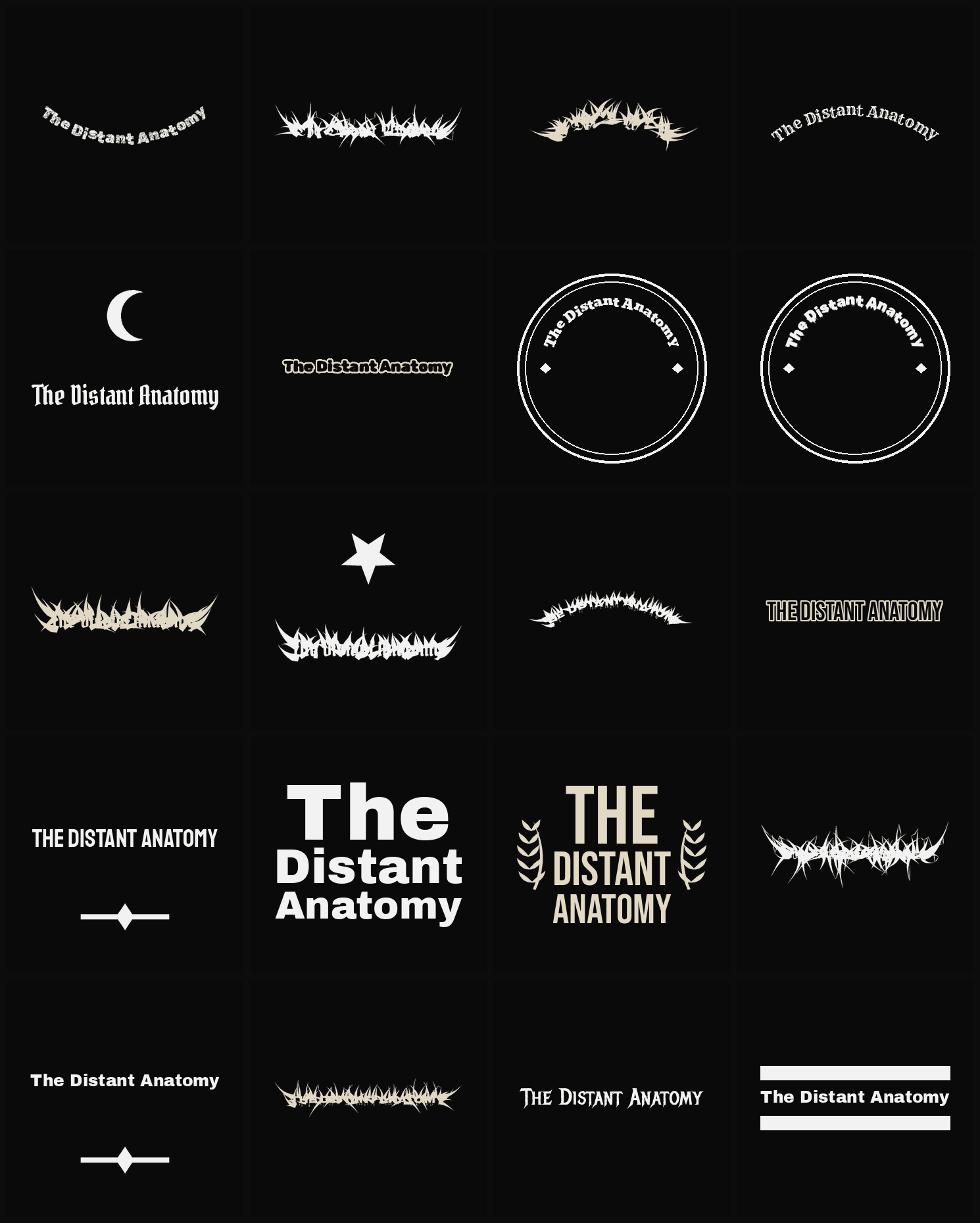 Twenty The Distant Anatomy band logo ideas — different faces, treatments and spike settings