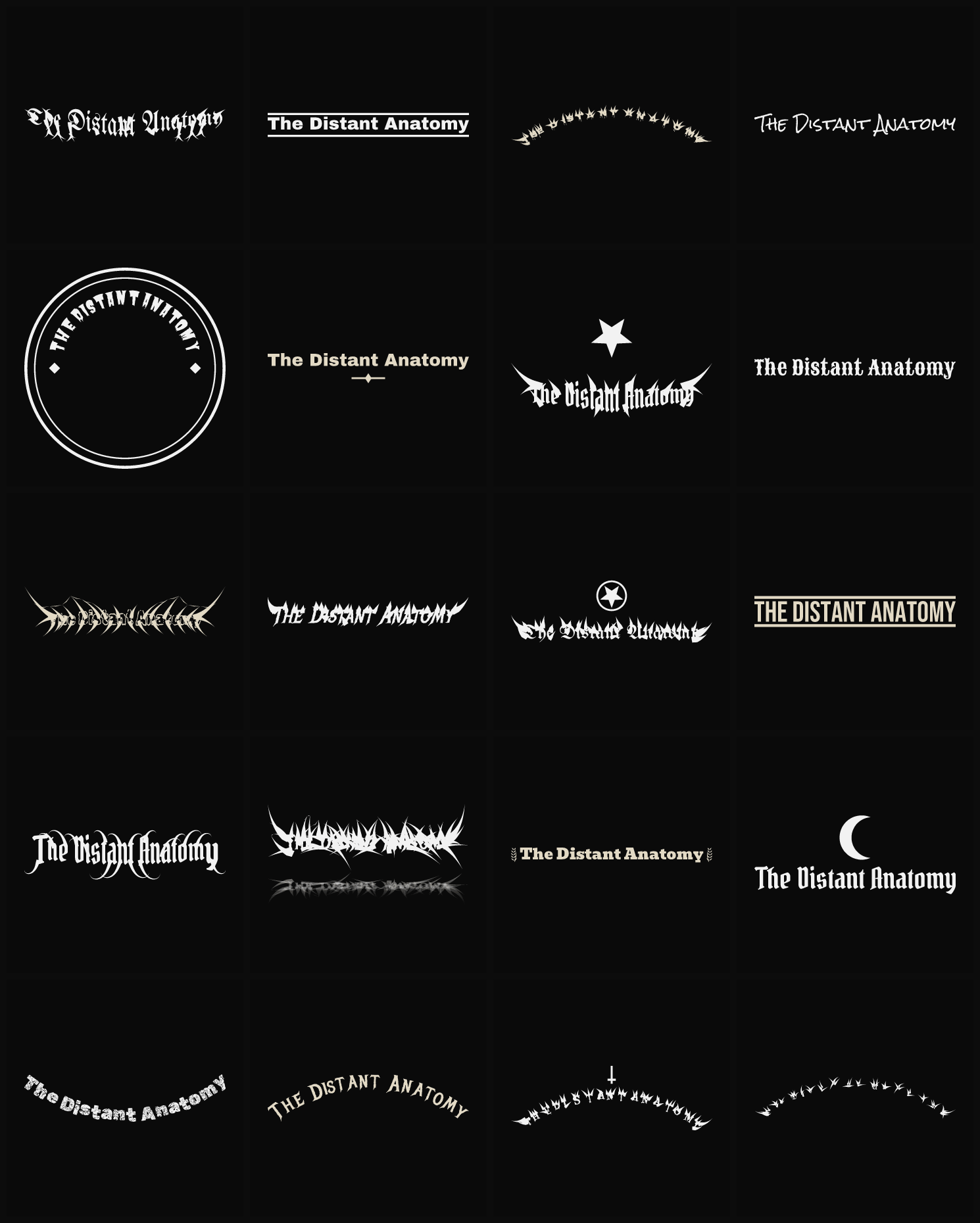Twenty The Distant Anatomy band logo ideas — different faces, treatments and spike settings