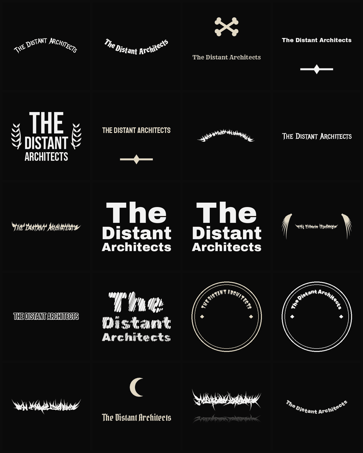 Twenty The Distant Architects band logo ideas — different faces, treatments and spike settings