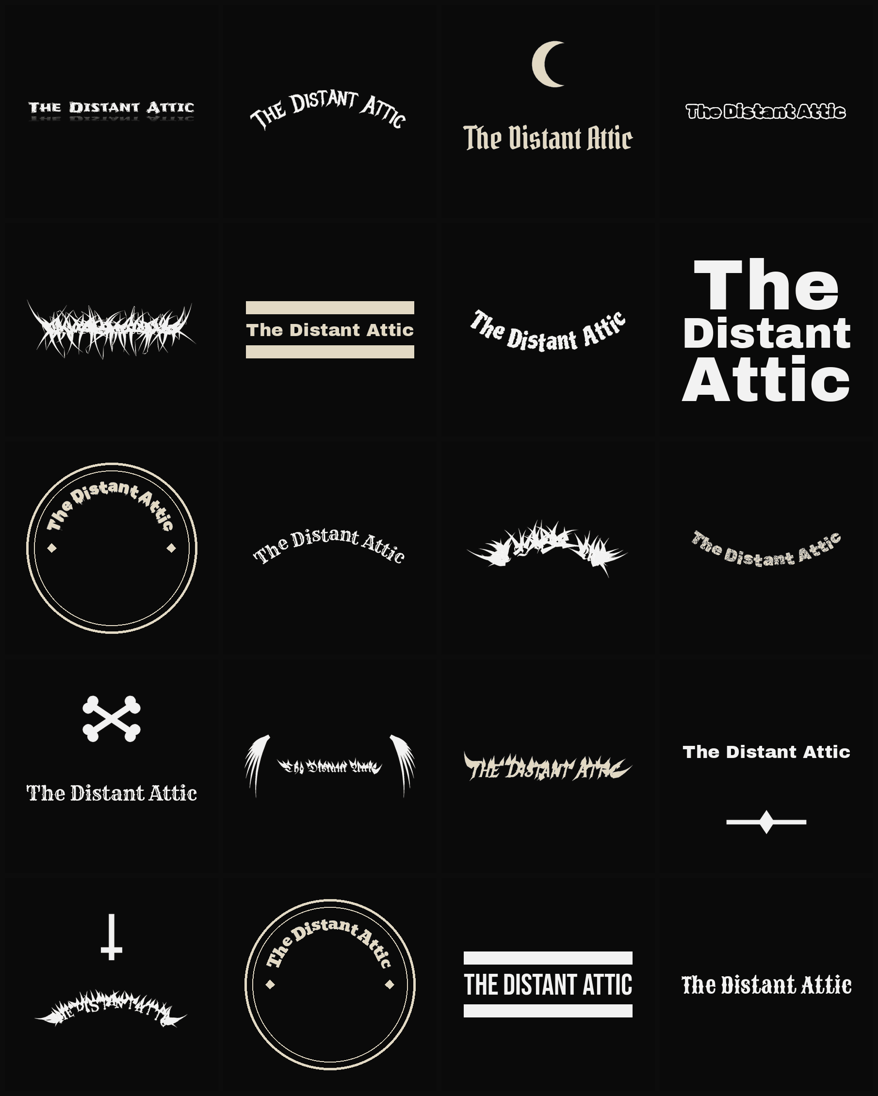 Twenty The Distant Attic band logo ideas — different faces, treatments and spike settings