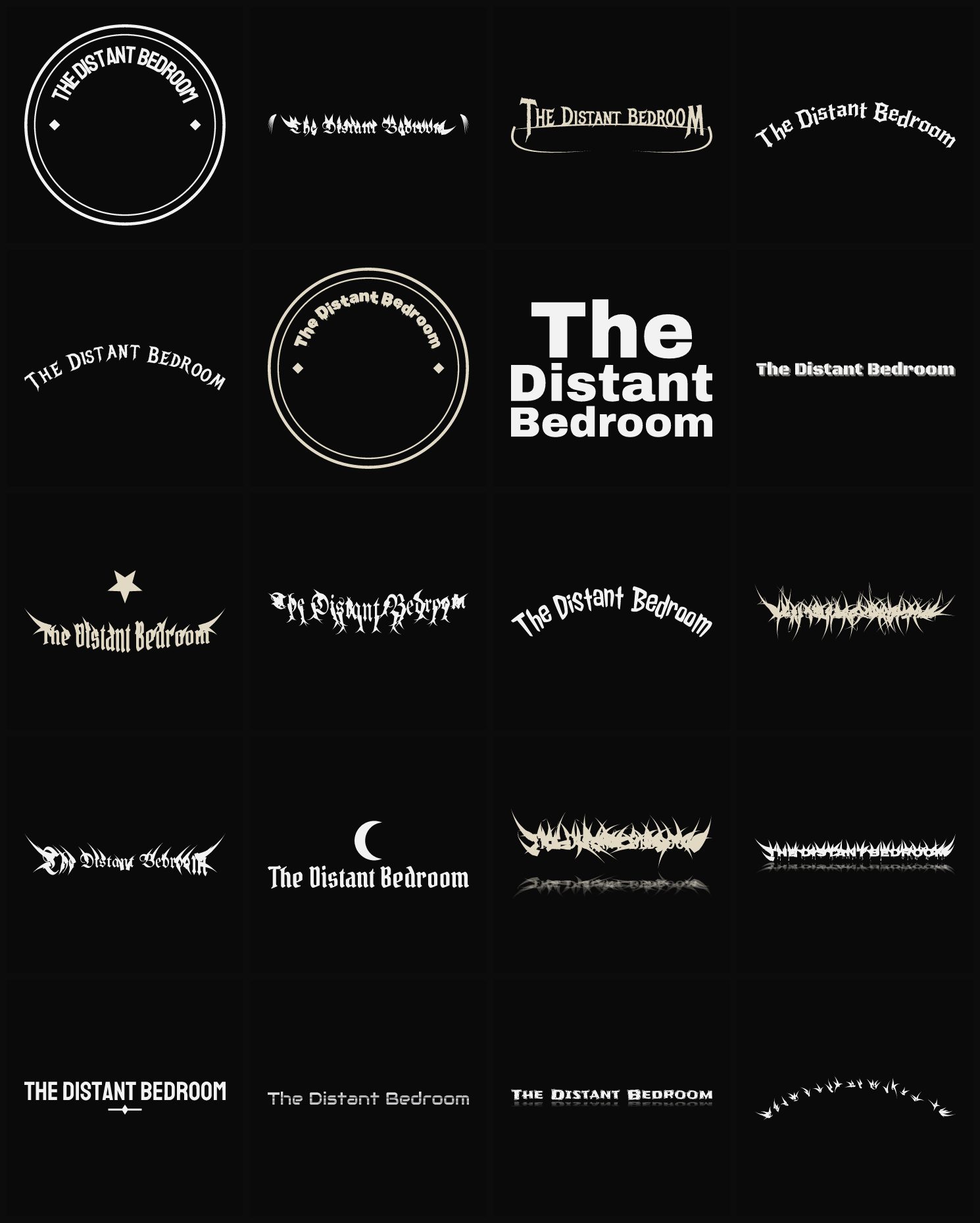 Twenty The Distant Bedroom band logo ideas — different faces, treatments and spike settings