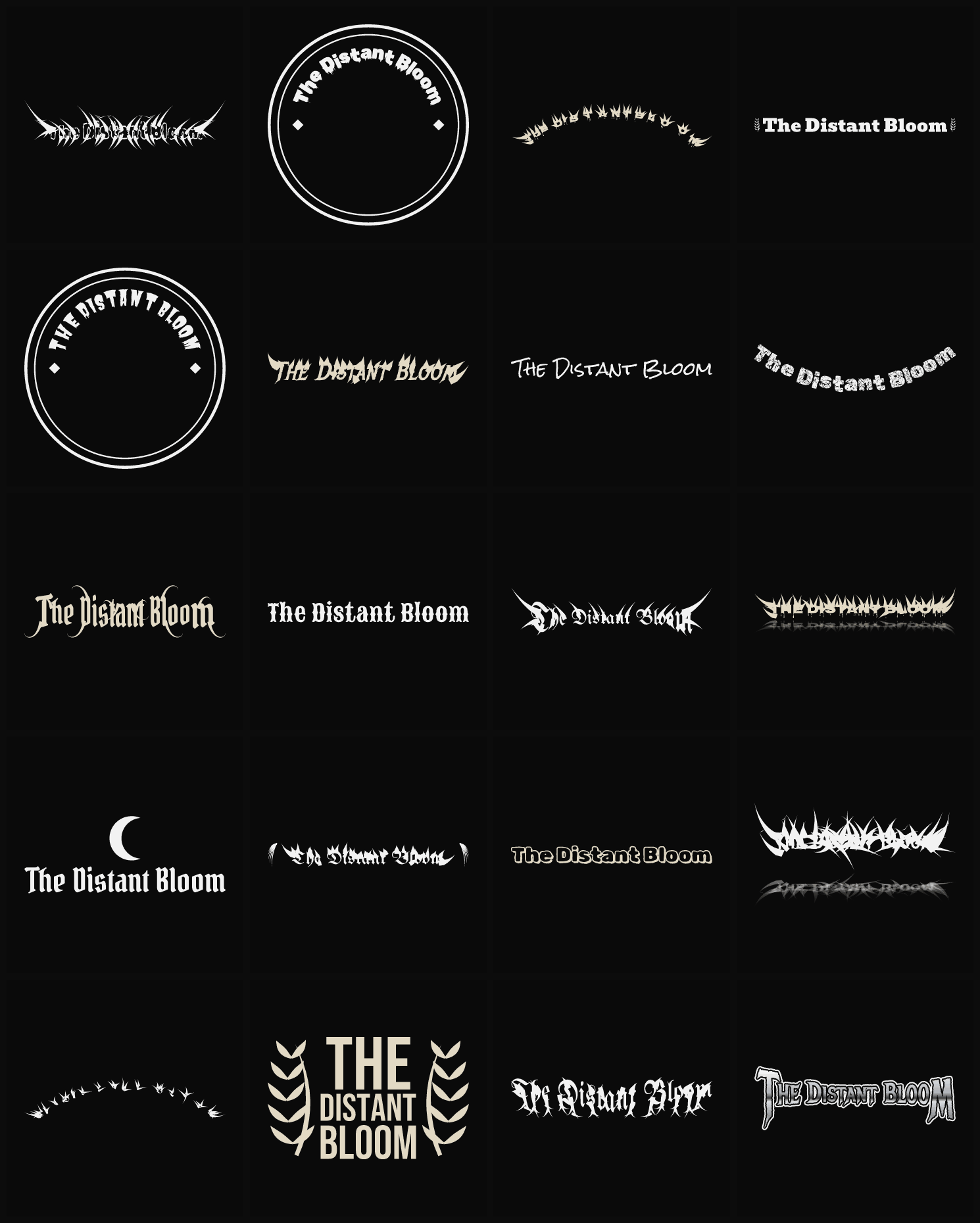 Twenty The Distant Bloom band logo ideas — different faces, treatments and spike settings