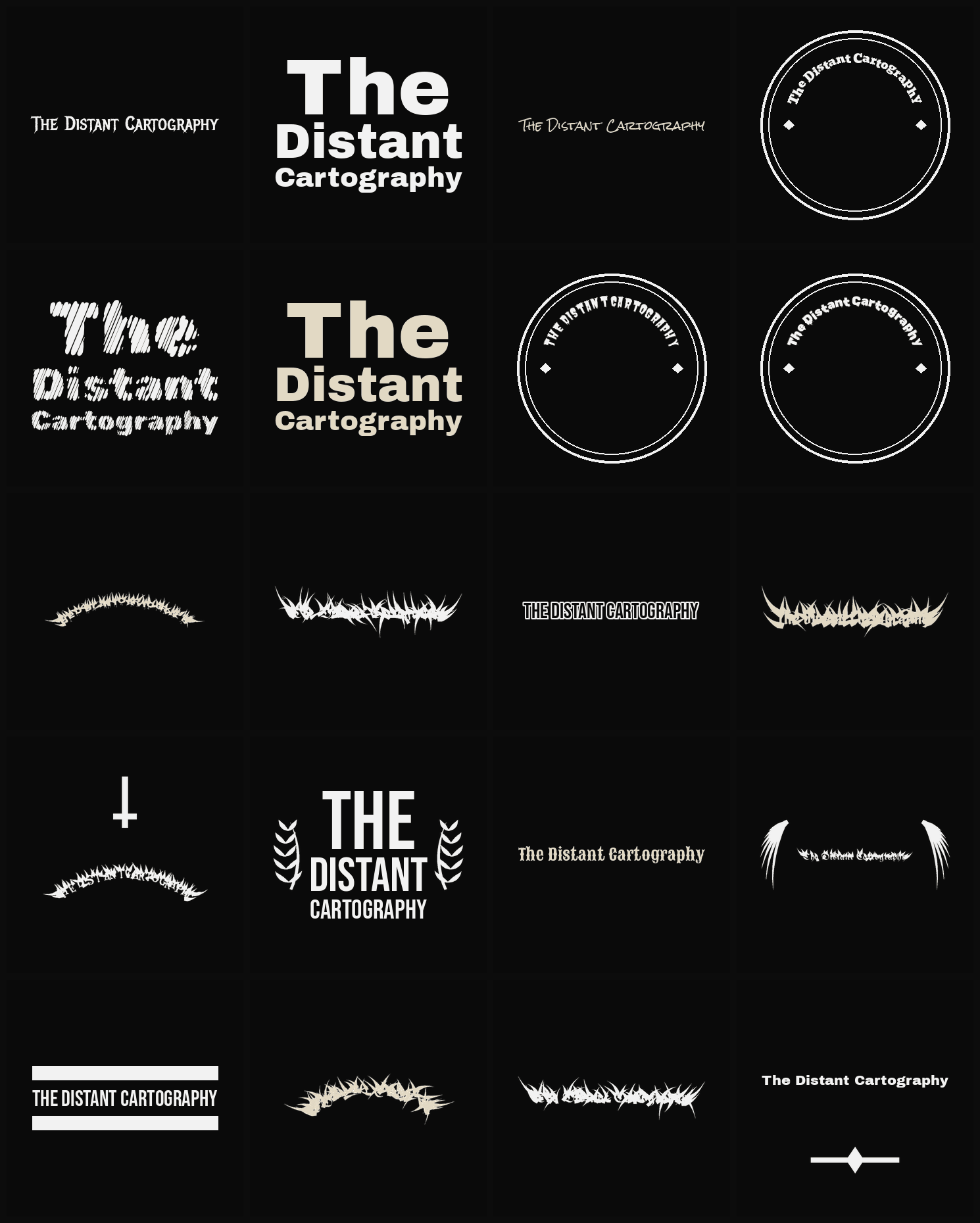 Twenty The Distant Cartography band logo ideas — different faces, treatments and spike settings