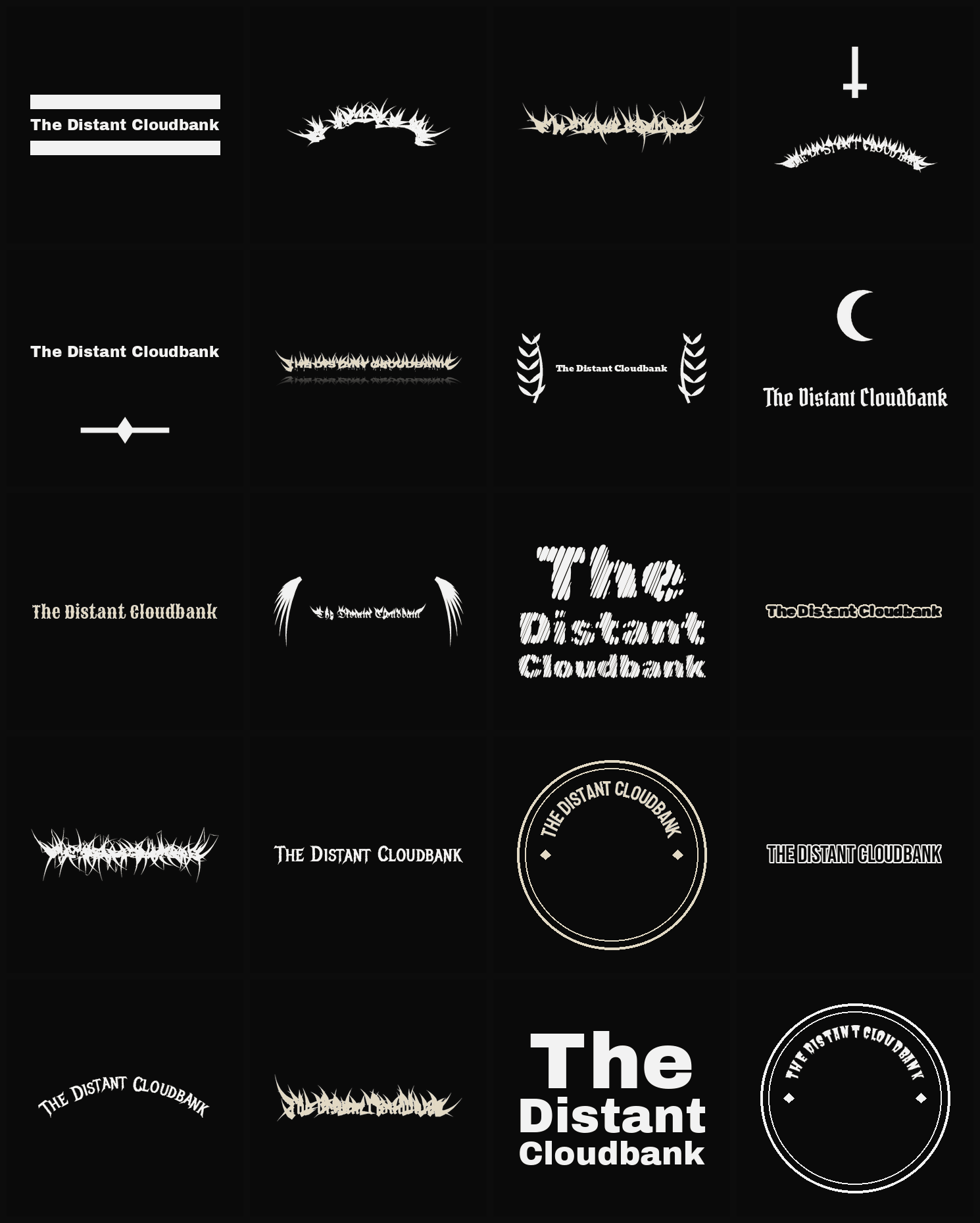 Twenty The Distant Cloudbank band logo ideas — different faces, treatments and spike settings